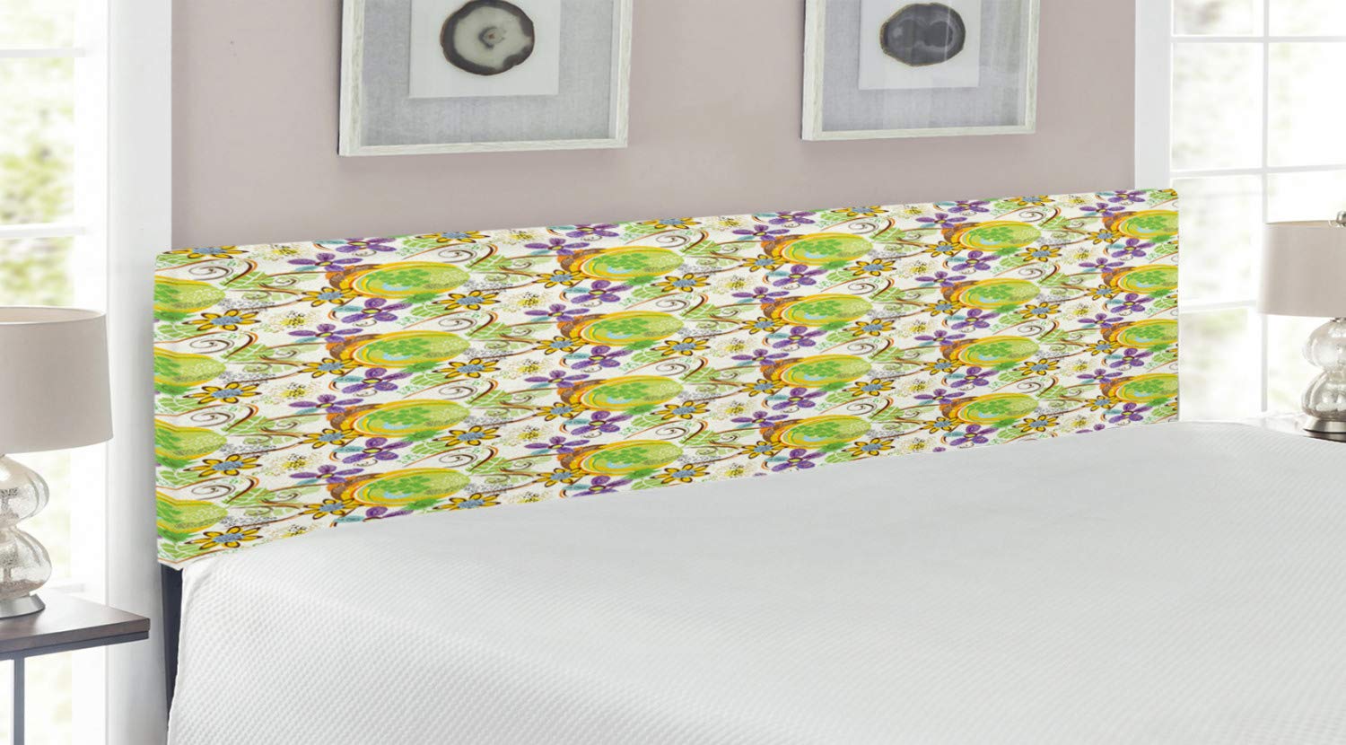 Ambesonne Vintage Floral Abstract Headboard - Doodle Style Swirls & Petals Design, Upholstered Decorative Metal Bed Frame with Memory Foam, King Size Multicolor Headboard for Bedroom Decor | Perfect for Master Bedroom, Guest Room & Bohemian Style Homes