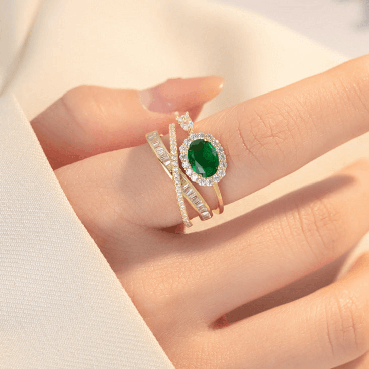 Emerald Green CZ Layered Cross Stacking Ring Set for Women | Elegant Jewelry Gift for Christmas, Birthday & Anniversary | K4205
