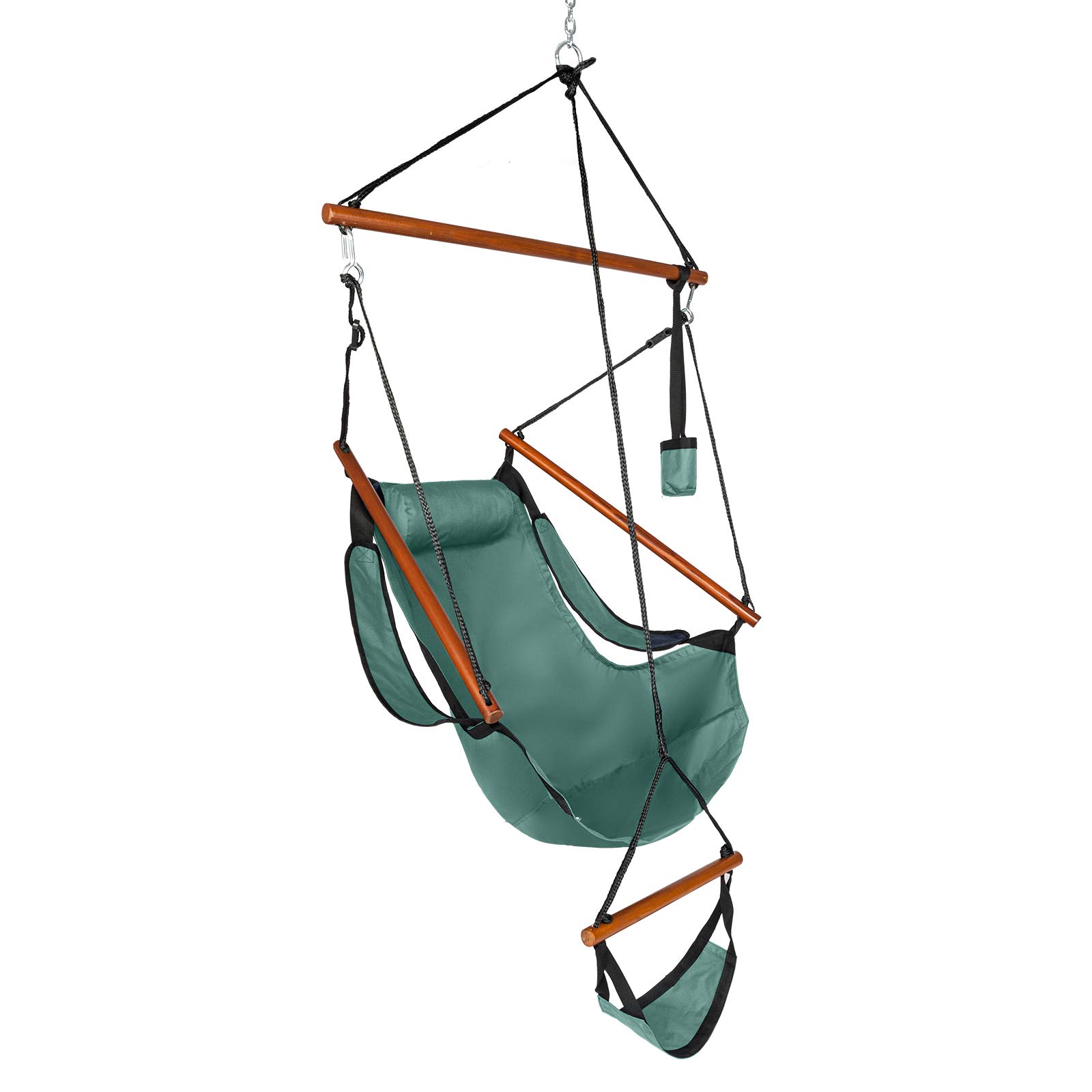 GT4-LY Oxford Fabric Hanging Chair with Cup Holder & Wooden Stick - 100kg Capacity, Perforated Design for Seaside, Courtyard, Garden & Outdoor Relaxation - Green