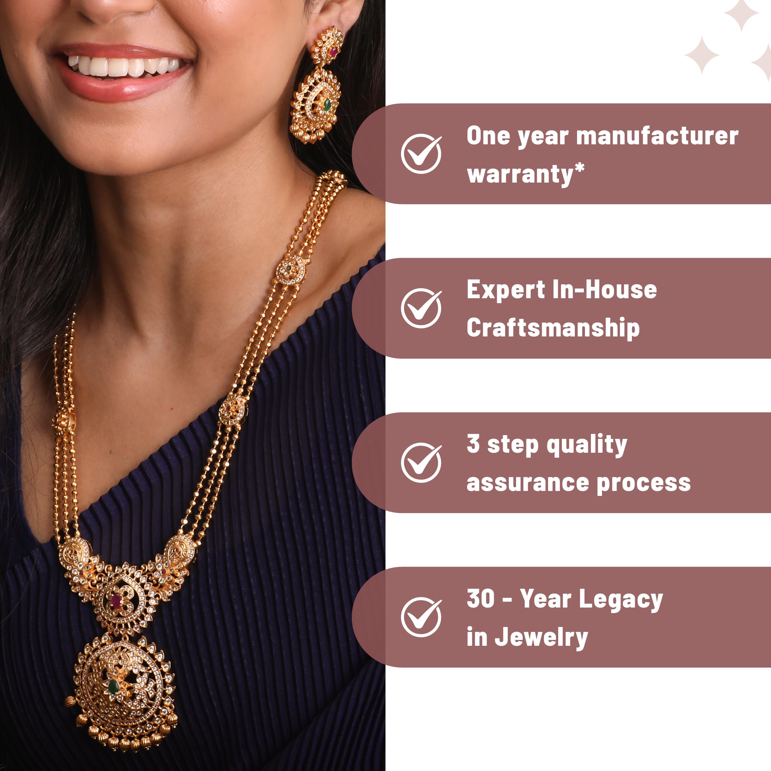 Antique Gold Plated Binal Long Necklace Set with Floral Design - Traditional South Indian Jewelry for Women | Ethnic Bridal Necklace for Weddings, Festivals & Special Occasions | 1 Year Warranty | Perfect Gift for Diwali, Engagement & Cultural Events