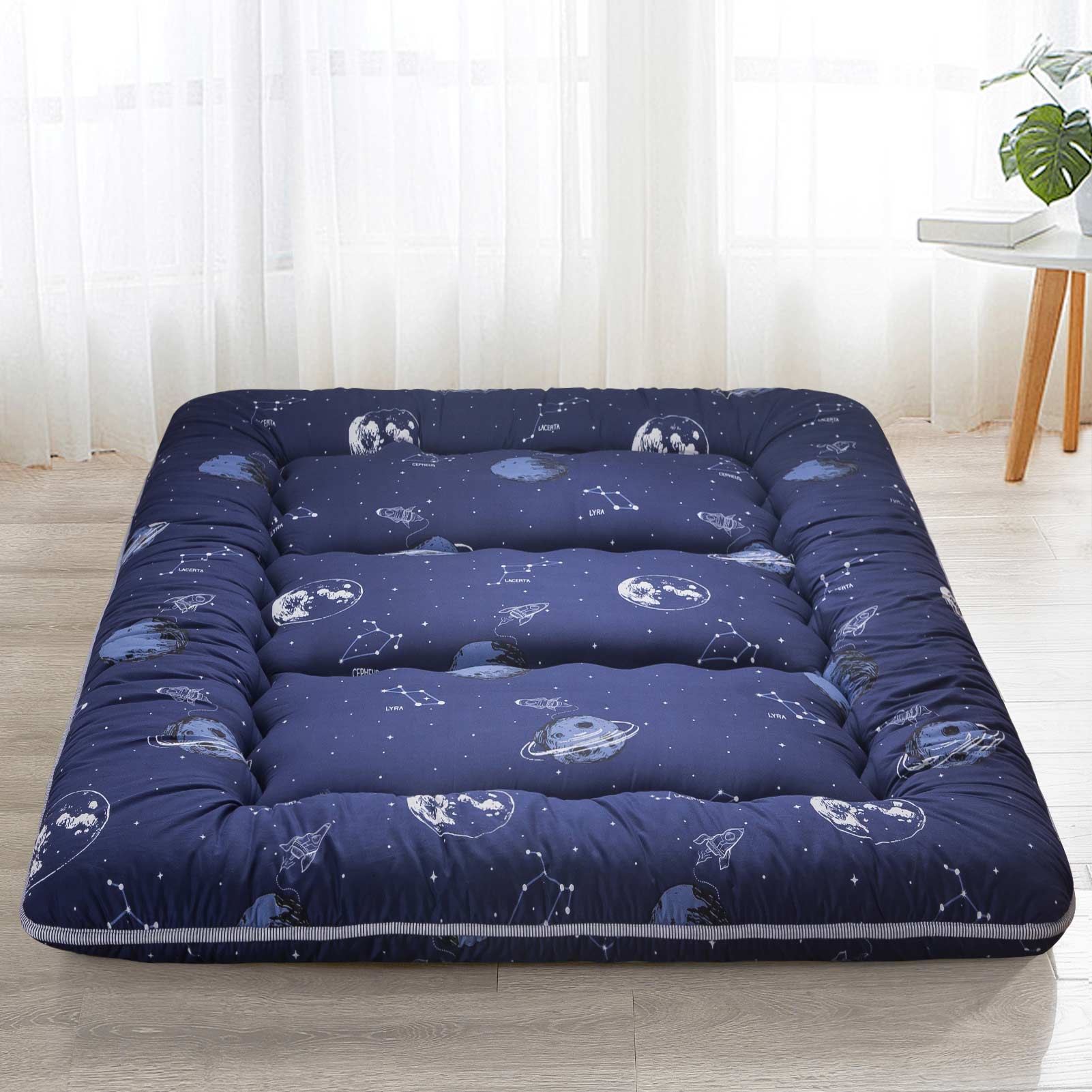 MAXYOYO Navy Space Adventure Japanese Floor Futon Mattress - Comfortable Foldable Sleeping Pad for Guest Bed, Camping & Small Spaces