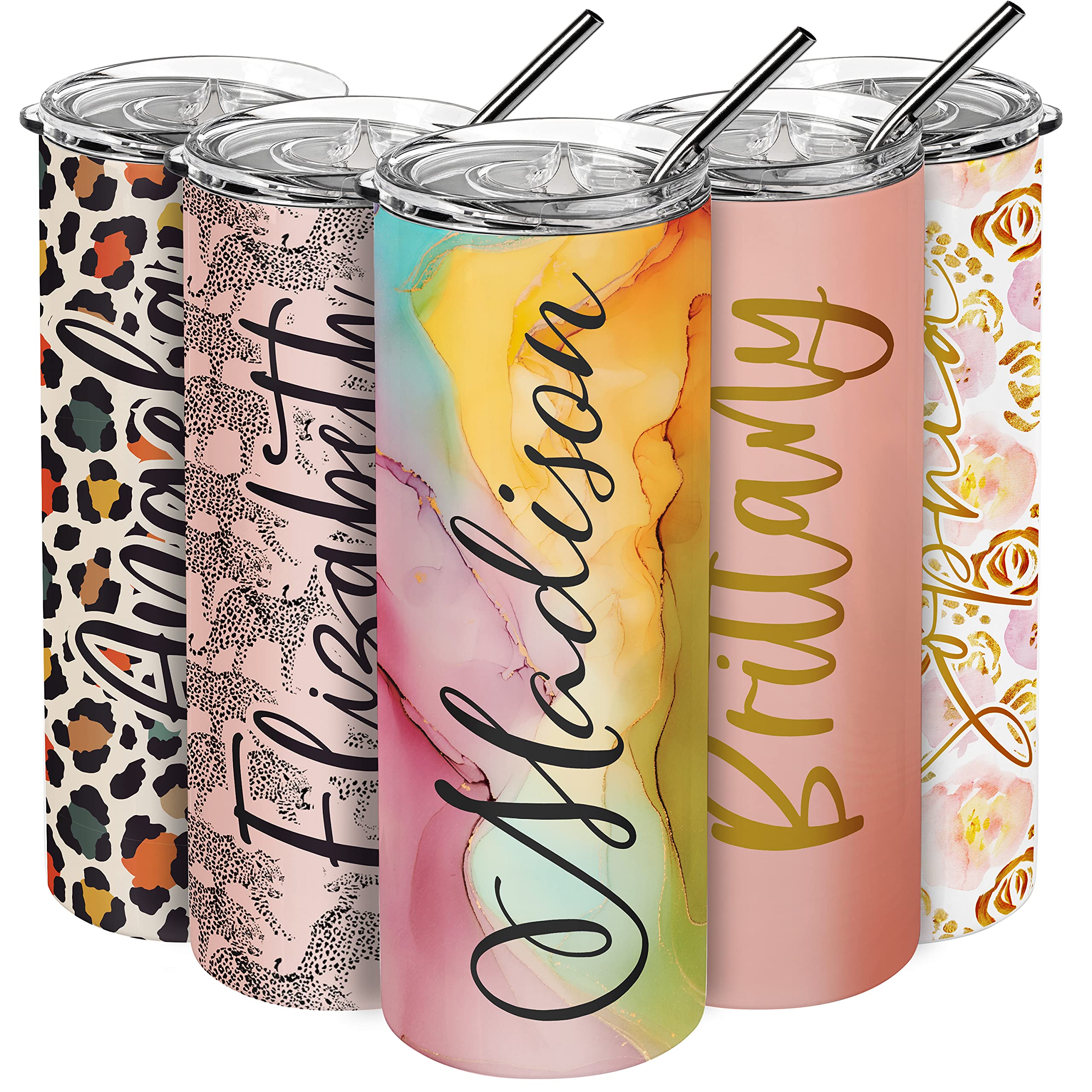 Custom Skinny Tumbler 20 Oz with Lid & Straw - Personalized Text, 21 Colors, 10 Fonts - Ideal Gift for Mom, Bridesmaids, Best Friends - Perfect for Birthdays, Proposals, Office Use & Outdoor Adventures