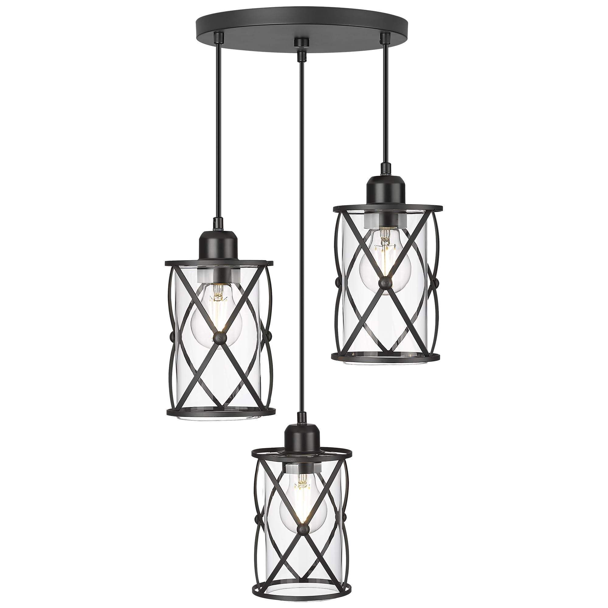 3-Light Black Industrial Pendant Lighting - Modern Adjustable Farmhouse Ceiling Light Fixture with Clear Glass Shades for Kitchen Island, Dining Room & Bar Counter | CH9176BK3