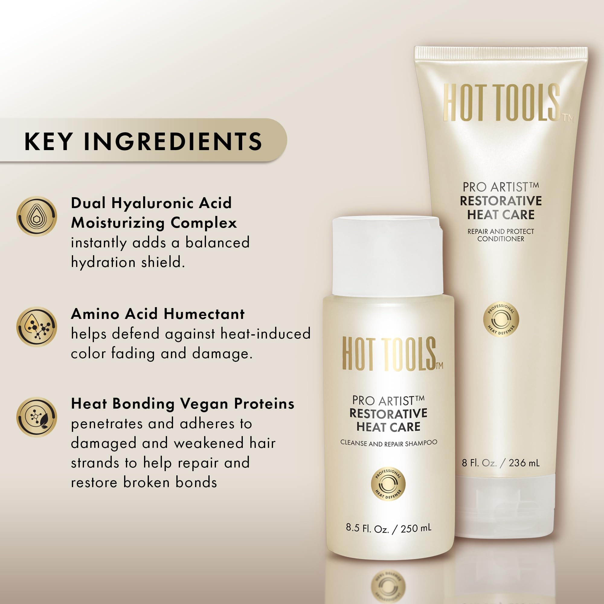 HOT TOOLS™ Pro Artist Heat Protection Shampoo and Conditioner Set for Damaged Hair | Sulfate-Free Repairing & Strengthening Hair Care Duo | Ideal for Blow Drying, Flat Ironing & Heat Styling