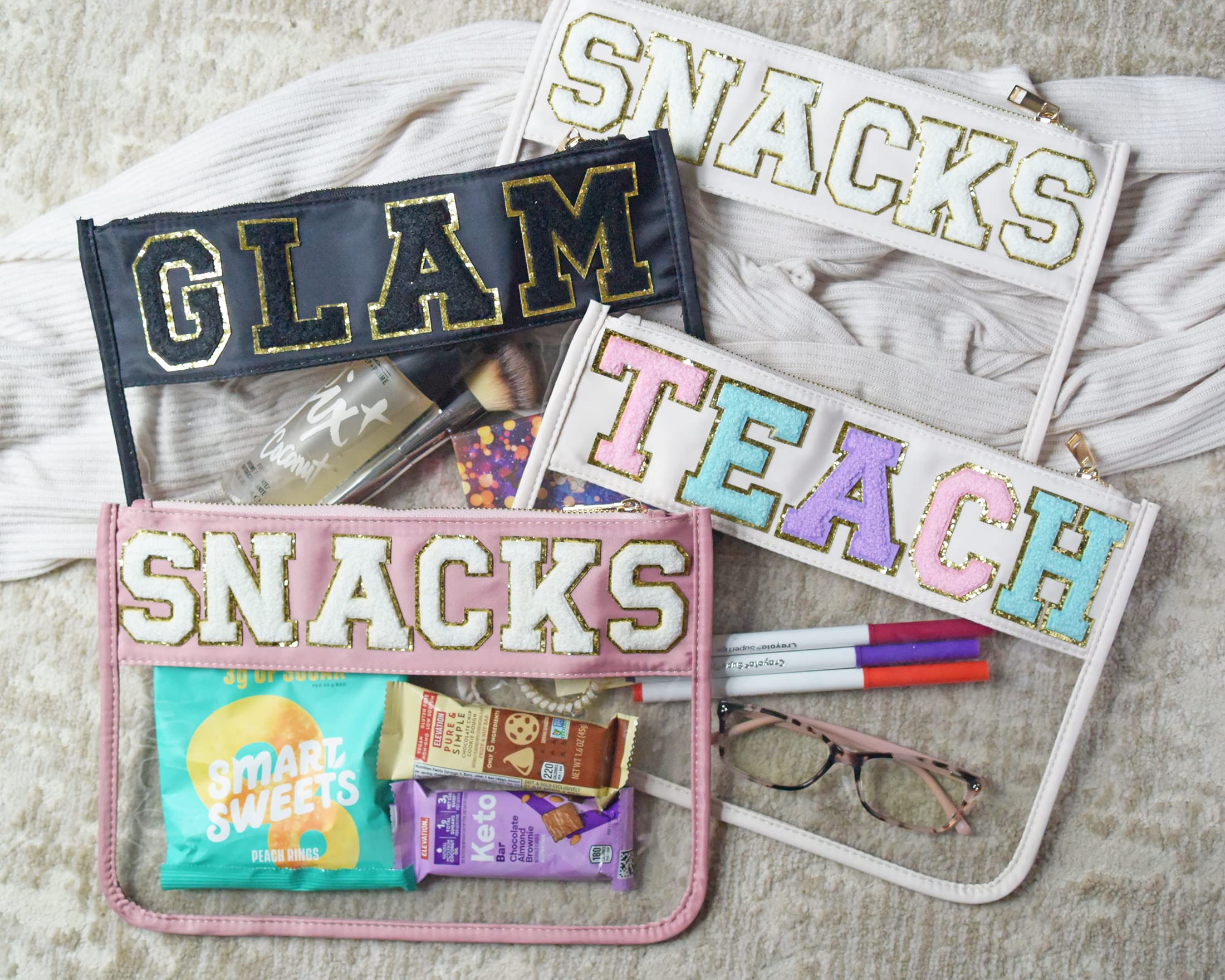 Personalized Clear Pouch with Varsity Patches - Travel Makeup & Snack Bag for School & Outings