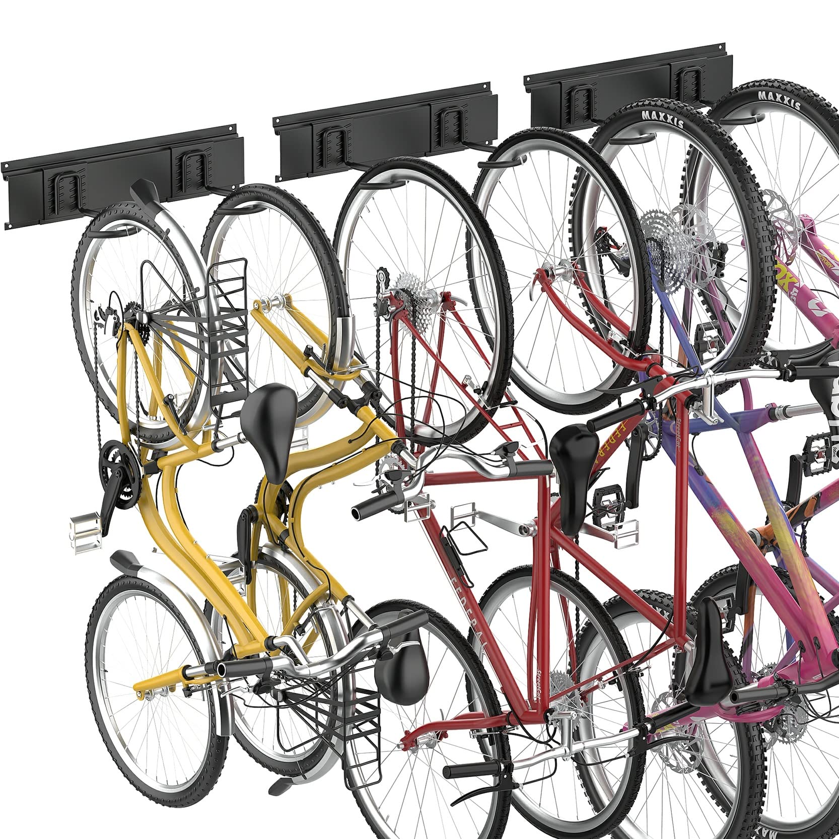 Vertical Bike Hooks for Garage Wall - Heavy Duty 6 Bike Storage Rack Saves Space, Holds Up to 300 lbs (Pack of 3) - Perfect for Organizing Bikes in Small Spaces & Garages