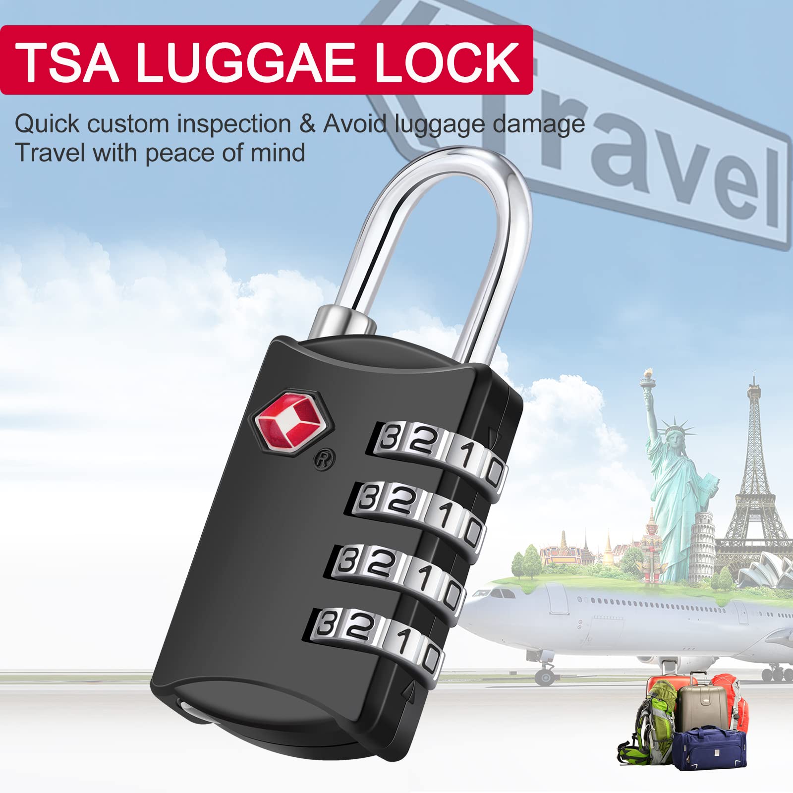 TSA Approved Luggage Lock 4 Pack with Cable - Secure Backpack, Suitcase & Gym Locker - Black Combination Travel Locks (Ideal for Airports, School, Travel & Sports)
