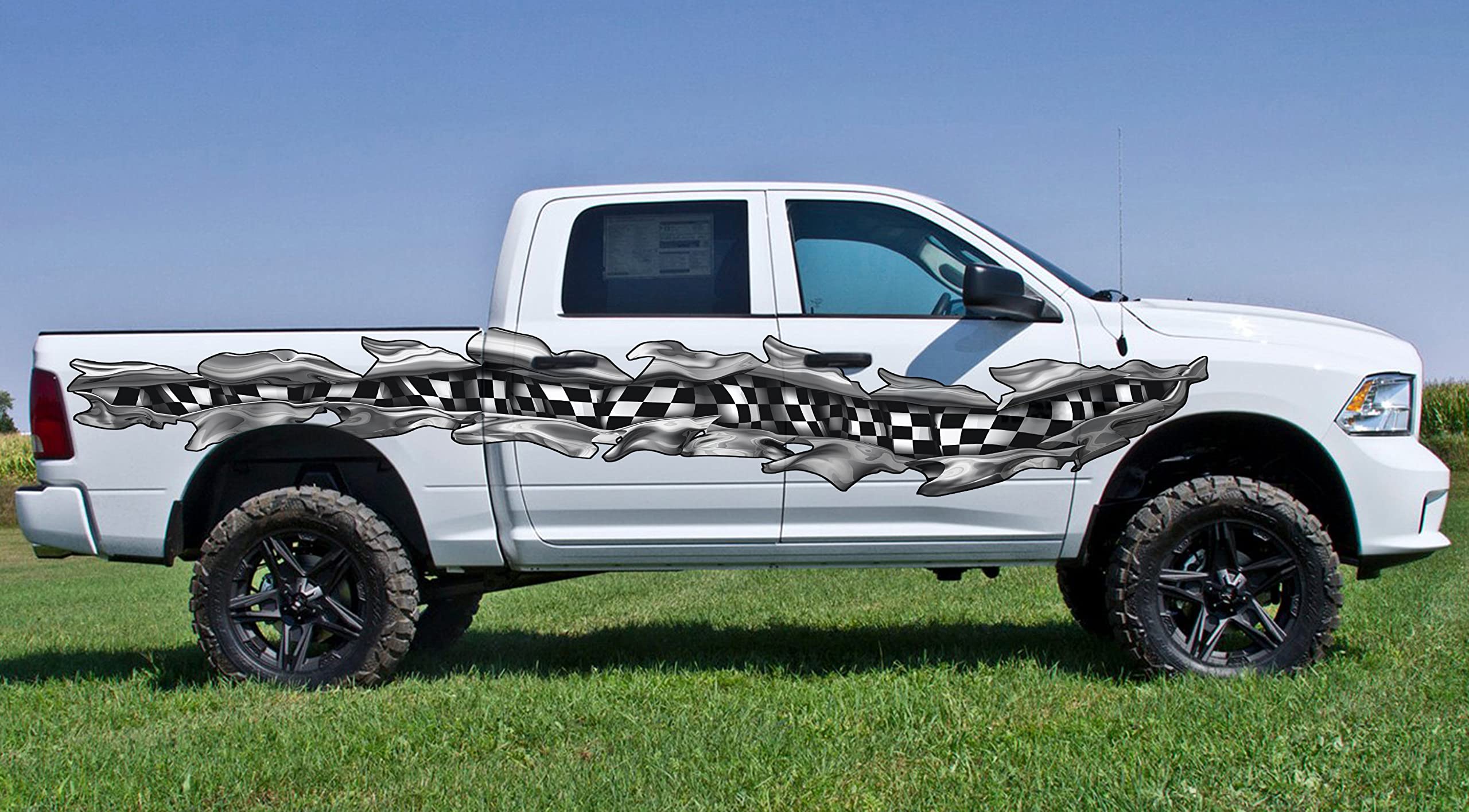Checkered Flag Ripped Metal Car Decal - Full Color Racing Flag Vinyl Wrap for Car Side Auto Graphics - 20x70 Sticker for Racing Enthusiasts & Car Show Displays