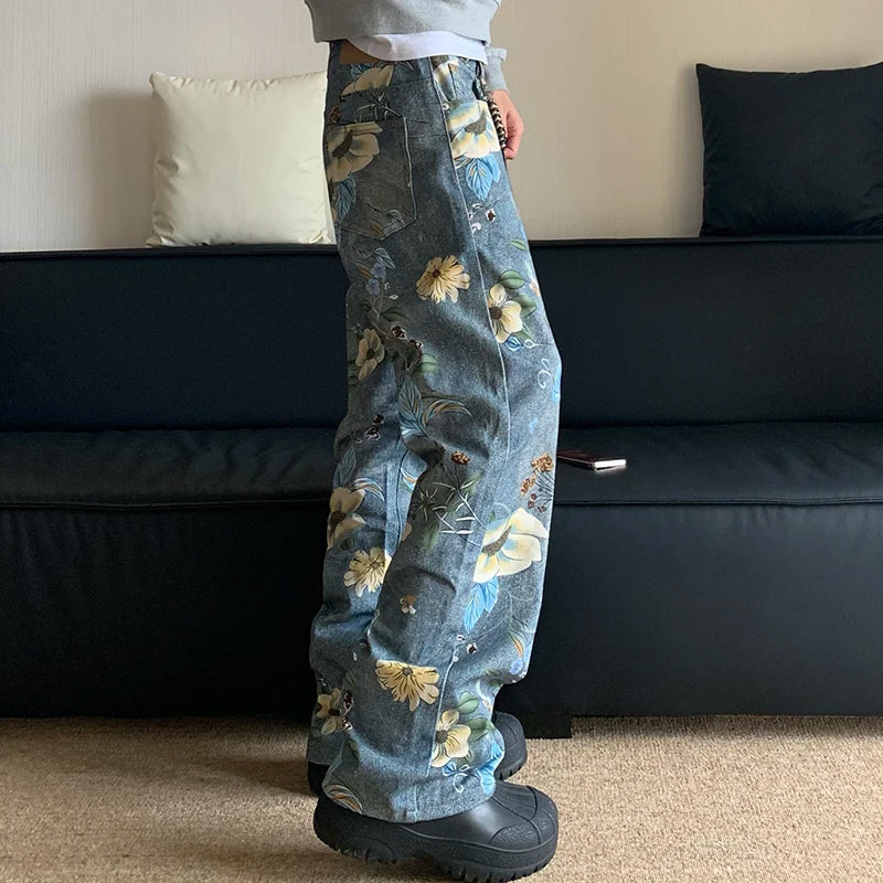 American Design Men's Floral Print Loose Wide Leg Straight Denim Jeans - Stylish Contrast Color Trousers for Casual Wear & Street Fashion