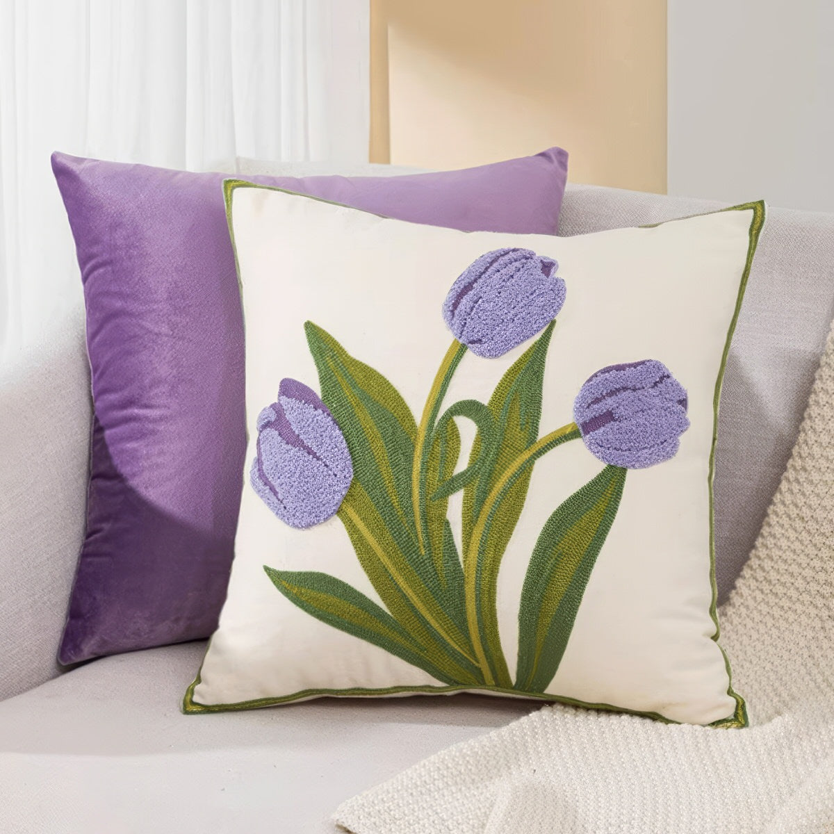 Tulip Garden Embroidered Pillow Cover - Floral Home Decor for Living Room, Bedroom & Sofa - Handmade Cushion Case for Spring & Summer Decorating