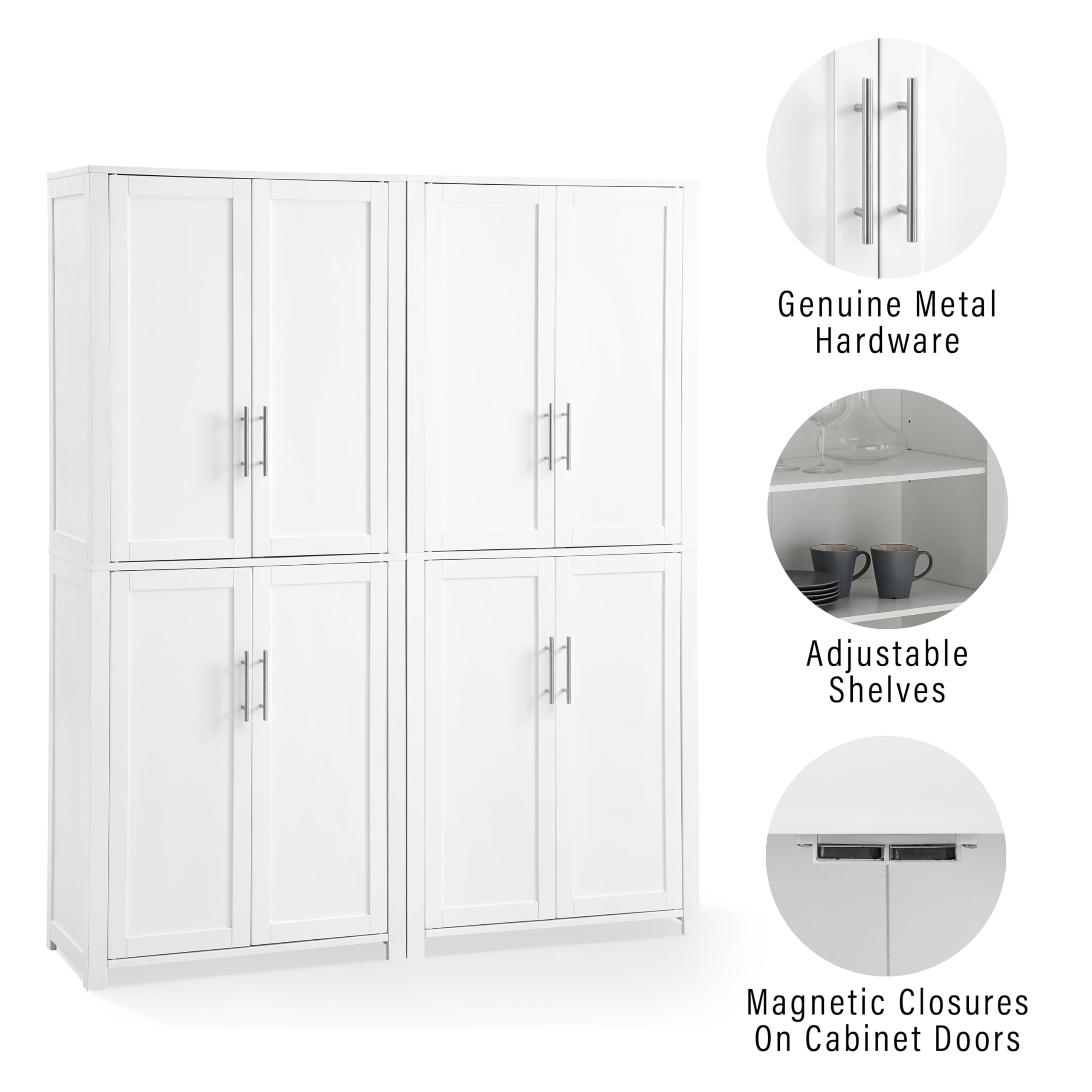 Crosley Furniture Savannah 2-Piece White Pantry Storage Cabinet Set with Adjustable Shelves for Kitchen, Dining Room & Laundry Room Organization | Space-Saving Home Storage Solution