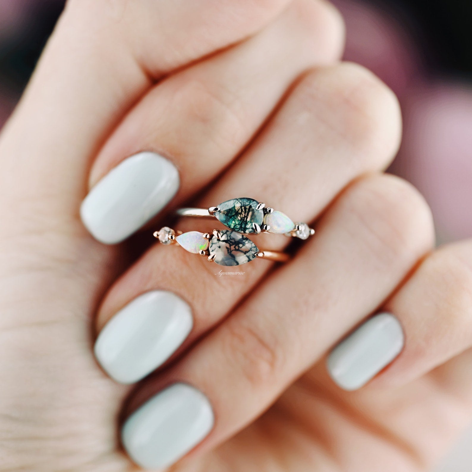 Natural Green Moss Agate & Fire Opal Sterling Silver Ring for Women - Elegant Boho Jewelry Gift for Birthdays, Anniversaries & Special Occasions