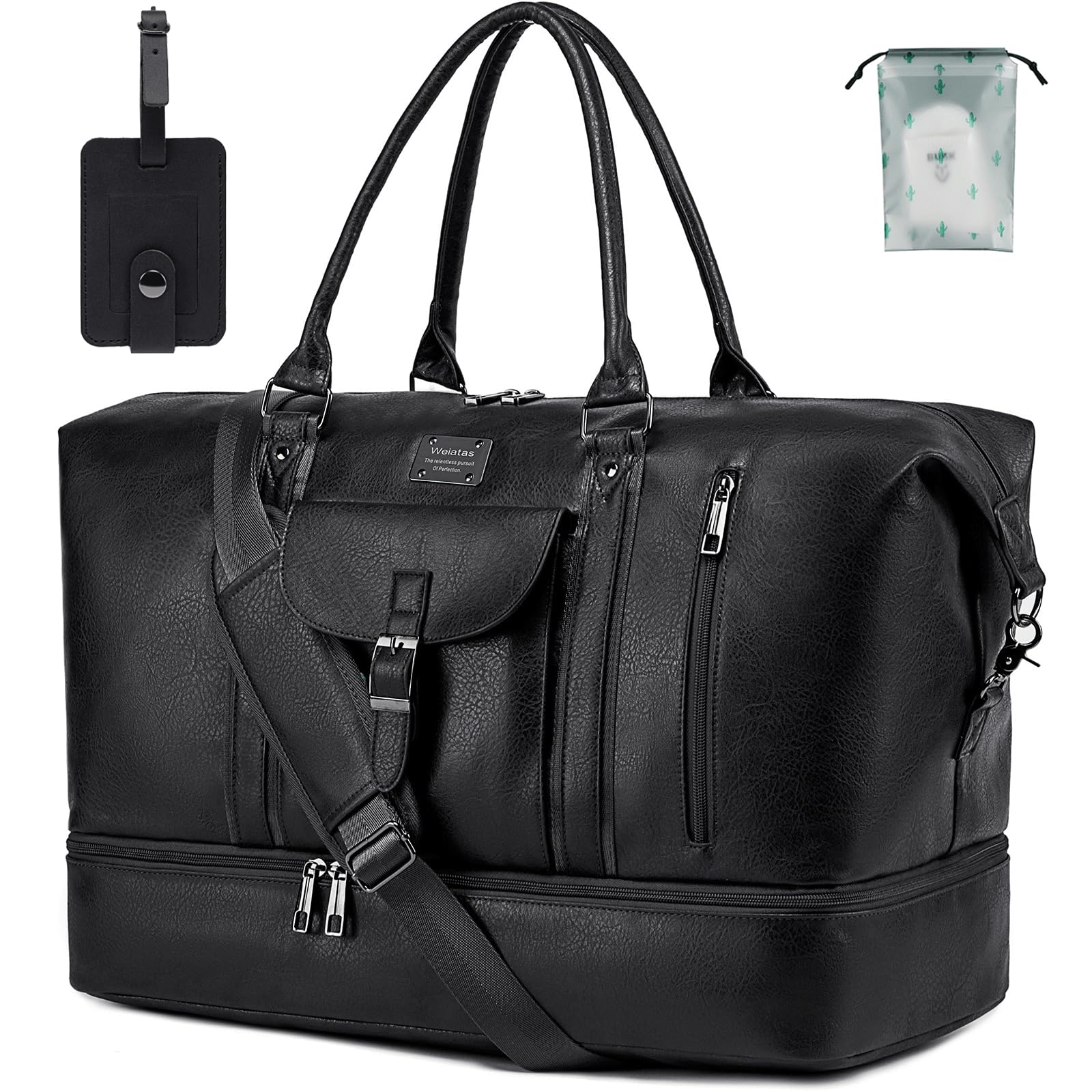 Premium Leather Travel Duffel Bag for Women & Men - Large Waterproof Weekender Overnight Bag with Shoe Compartment | Carry-On Tote & Gym Bag with Luggage Strap (Black) | Perfect for Business Trips, Weekend Getaways & Sports Travel