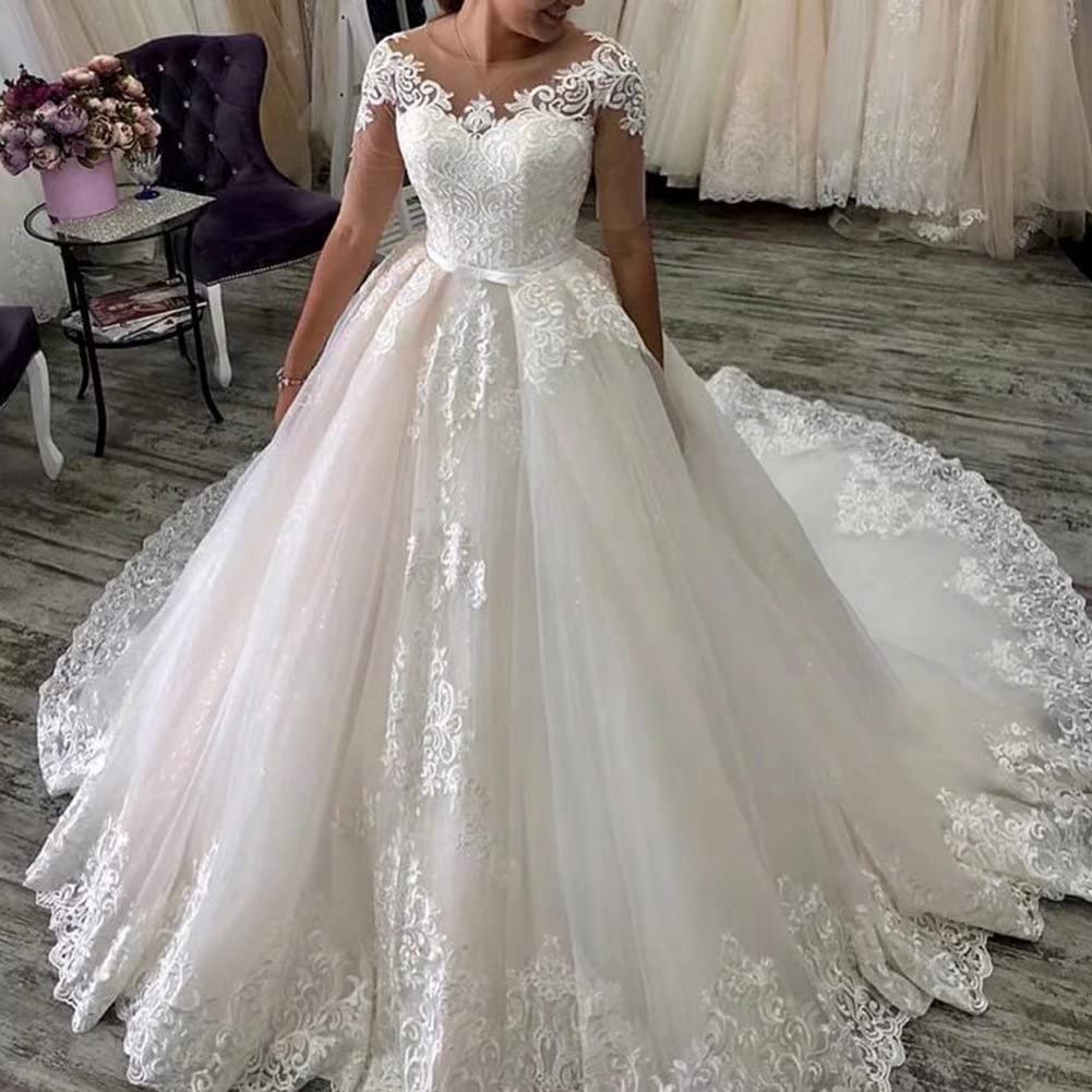 Elegant TRHTX Women's Scoop Neck Lace Wedding Dress with Train & 3/4 Sleeves - Romantic Ball Gown for Bride, Bridal Shower, Vow Renewal & Formal Occasions