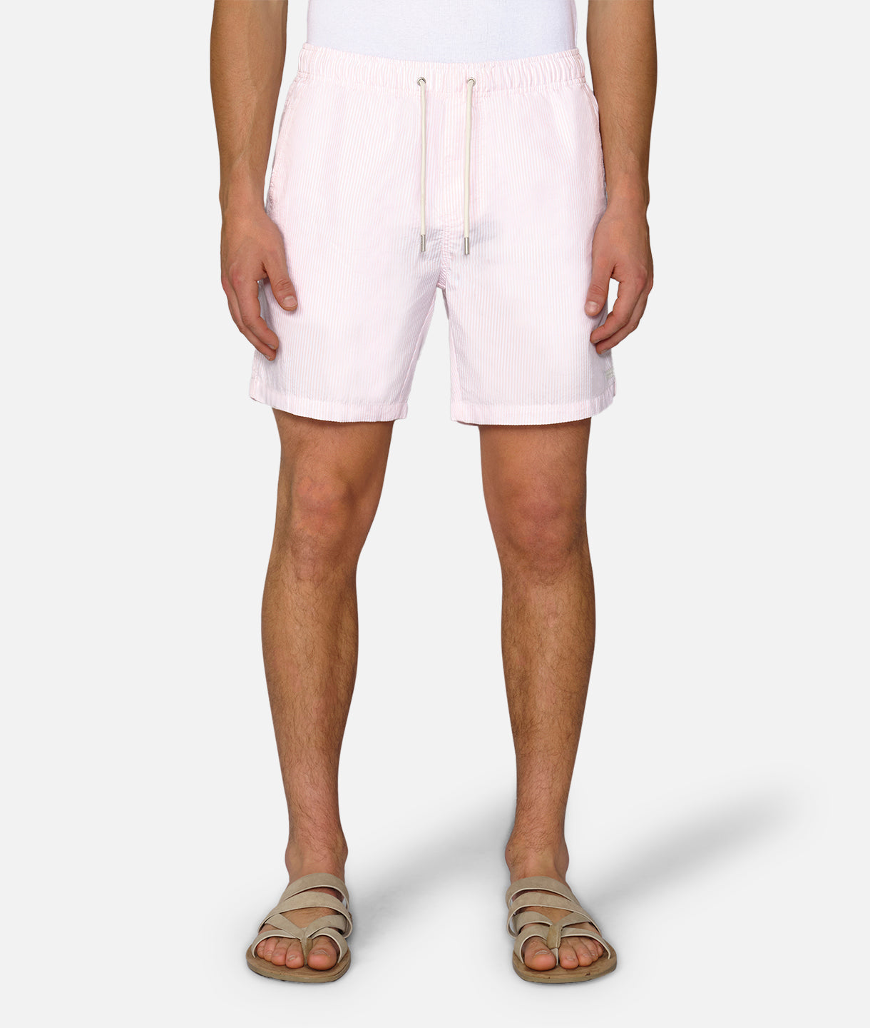 Platios Men's Quick-Dry Swim Shorts - Pink & White Striped Beachwear for Swimming, Surfing & Vacation