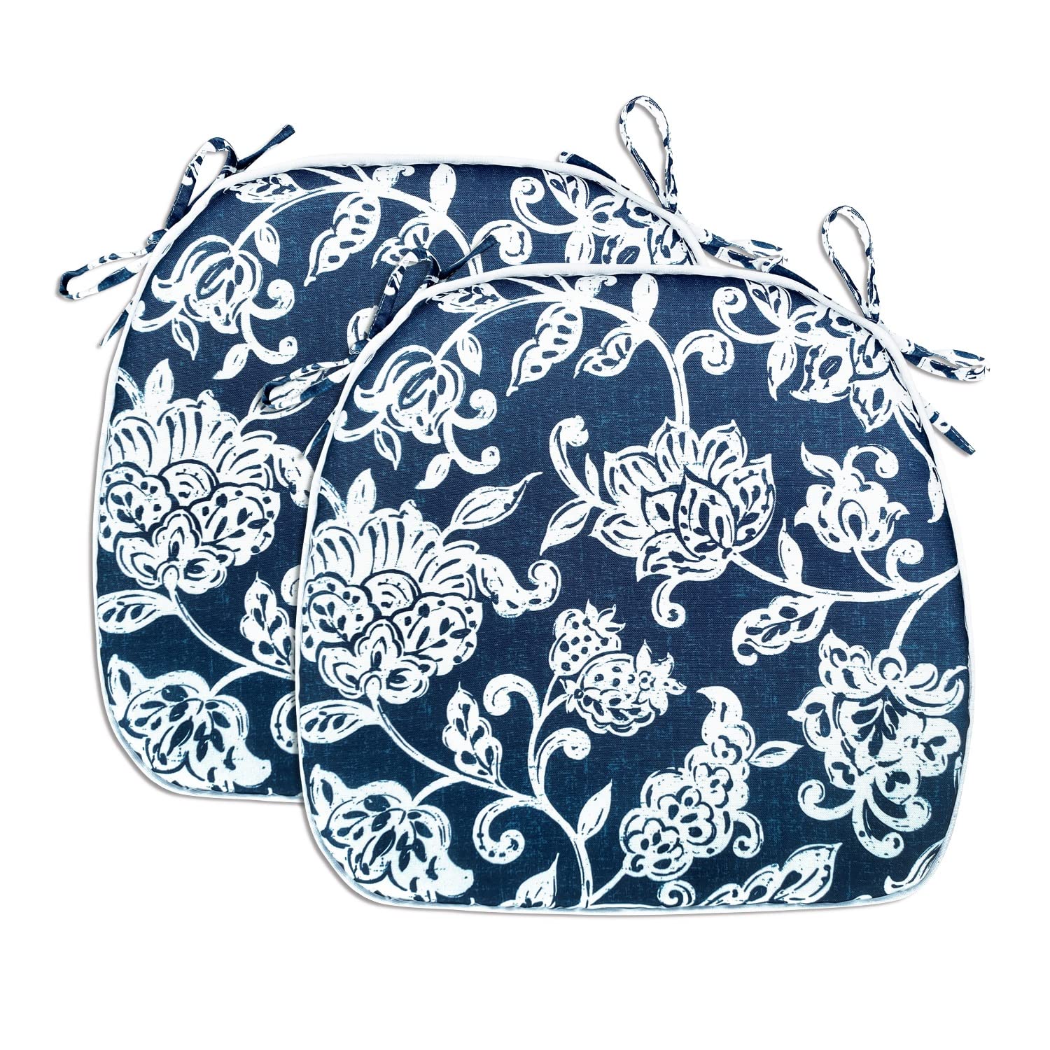 Fabritones Outdoor Seat Cushions Navy Leaves - Set of 2 Waterproof Patio Chair Cushions with Ties, 16x17 Inch Square Chair Pads for Garden, Deck, Poolside & Outdoor Furniture