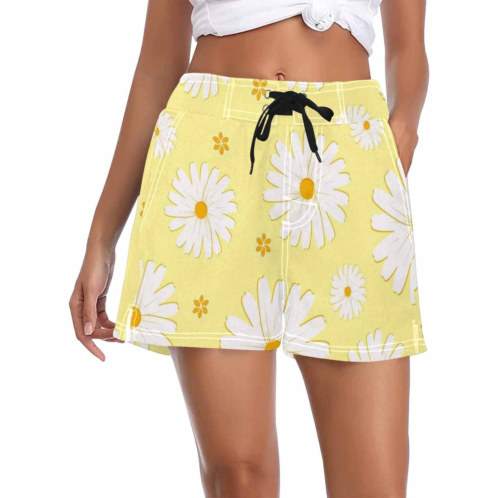 **InterestPrint Women's Watercolor Yellow Rose Drawstring Casual Summer Pants - Elastic Waist Beach Board Shorts for Swimming, Lounging & Outdoor Activities**
