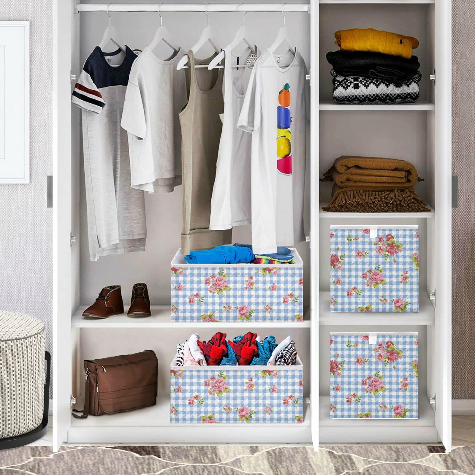 DOMIKING Foldable Storage Bins with Sturdy Handle - Gingham Pattern Roses & Flowers Design, Nesting Cuboid Storage Boxes for Closet, Shelves, Bedroom Organization - Perfect for Gift Wrapping, Home Decor & Seasonal Storage