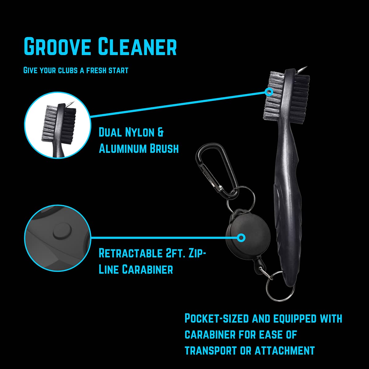 Premium Golf Club Groove Brush Cleaner - Dual Bristle Golf Accessories Cleaning Tool with Retractable Zip-line & Aluminum Carabiner - Perfect for Golf Bag Organization & On-Course Club Maintenance