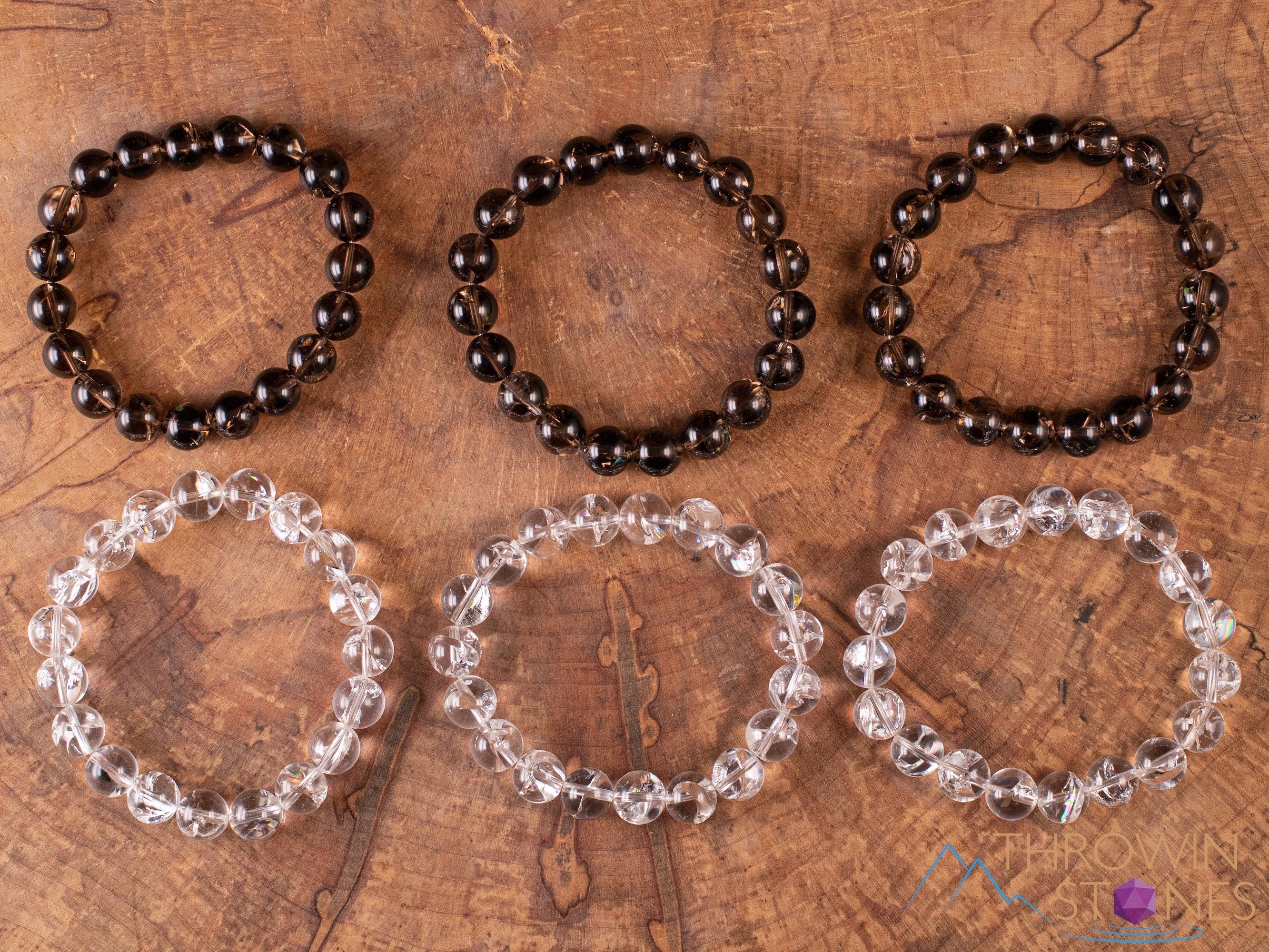 Clear or Smoky Quartz Crystal Bracelet with Rainbow Flash - Round Bead Healing Jewelry for Women | Handmade Beaded Bracelet for Meditation, Chakra Balancing & Positive Energy (E1935)