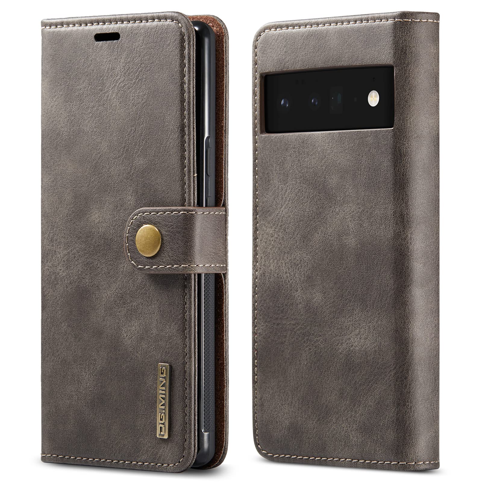 Premium Genuine Leather Wallet Case for Google Pixel 6 Pro - Detachable 2-in-1 Magnetic Flip Cover with Card Slots (Gray) | Slim Protective Phone Case for Business & Travel