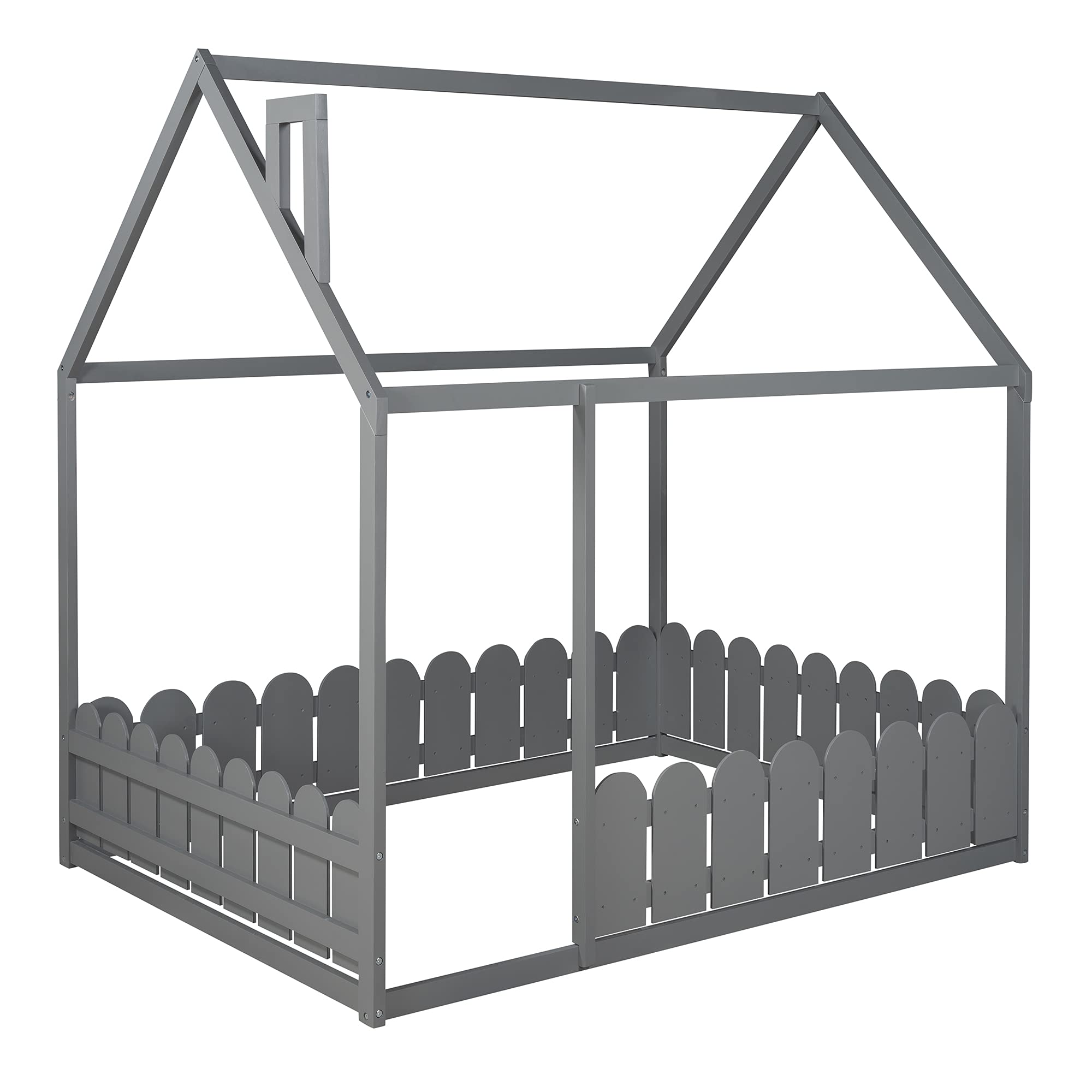 **Full Size House Bed with Roof & Fence-Shaped Guardrail - Sturdy Kids & Teens Bed Frame in Grey - Perfect for Playrooms, Bedrooms & Imaginative Play**