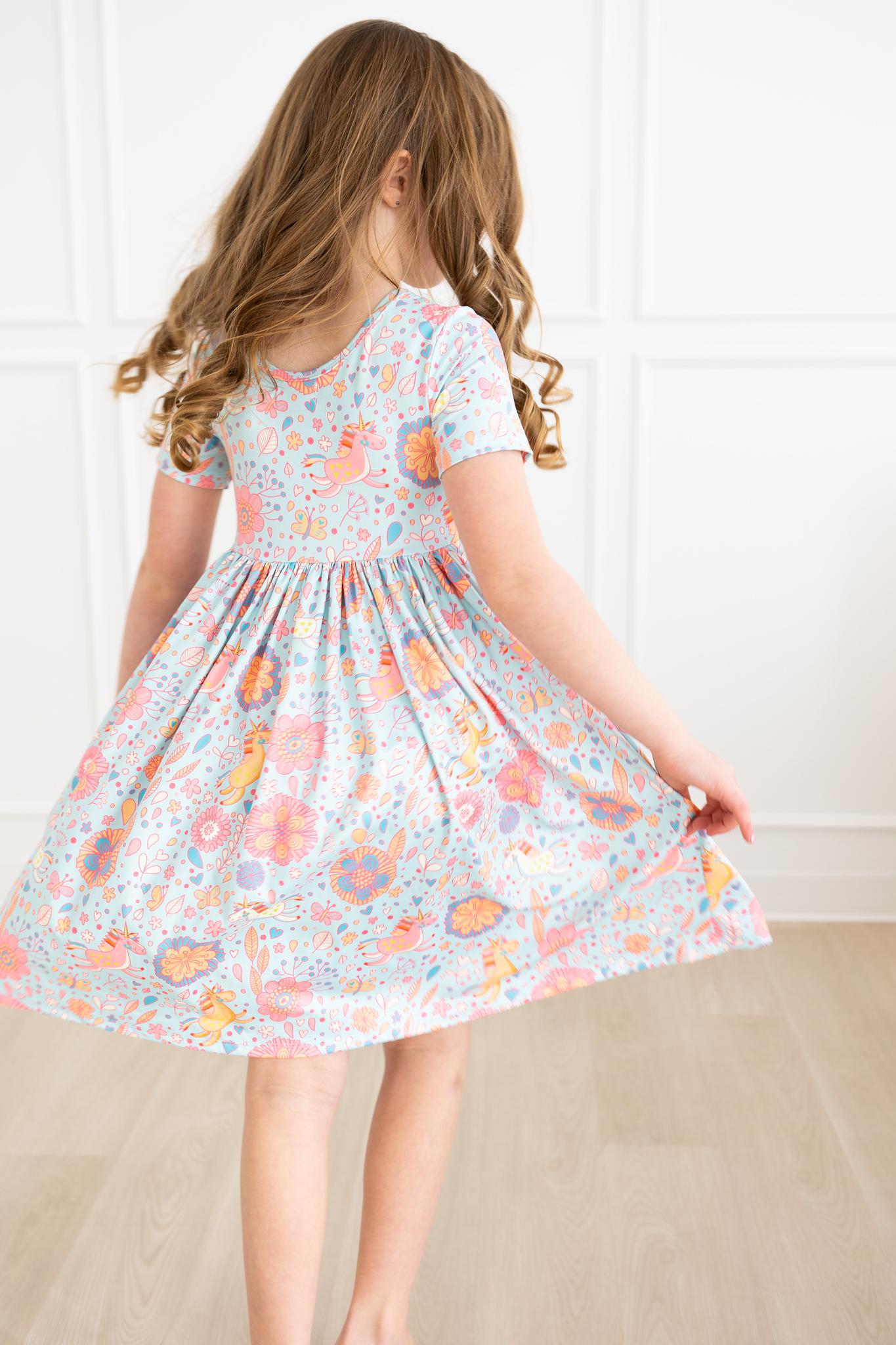 Blue Retro Unicorns Short Sleeve Pocket Twirl Dress for Girls - Perfect for Birthday Parties, Tea Time & Photo Shoots