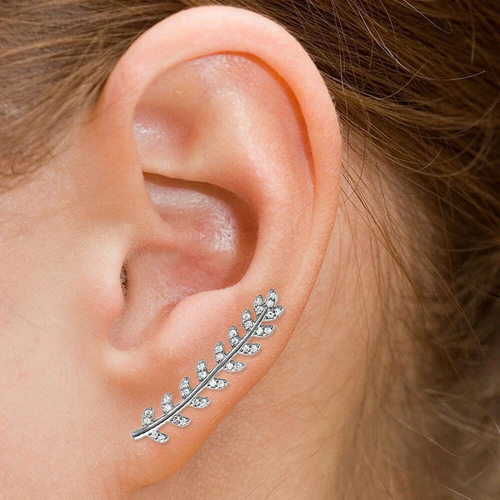 925 Sterling Silver Leaf CZ Ear Climber Earrings - Elegant Vine Style Sweep Up Leaf Stud Earrings for Women | Perfect Gift for Her | Great for Parties, Weddings & Date Nights