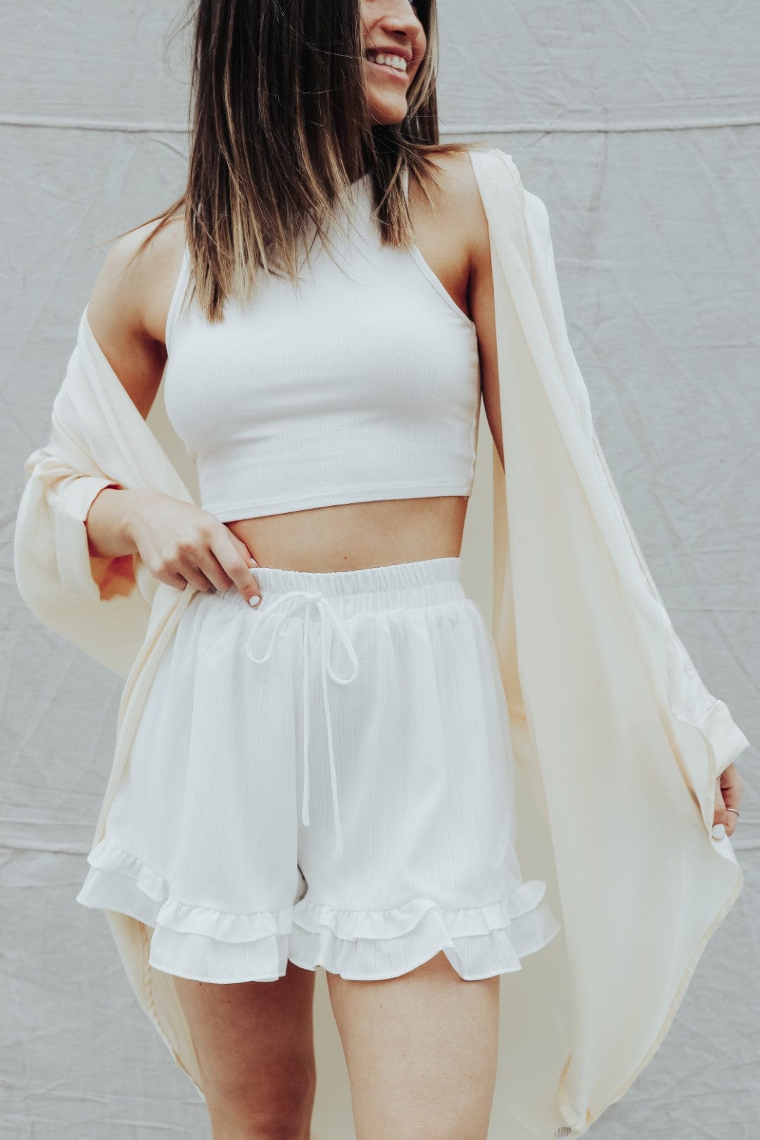 White Ruffled High Rise Shorts for Women - Trendy Summer Fashion Shorts with Elastic Waistband | Perfect for Beach, Vacation, and Casual Outfits