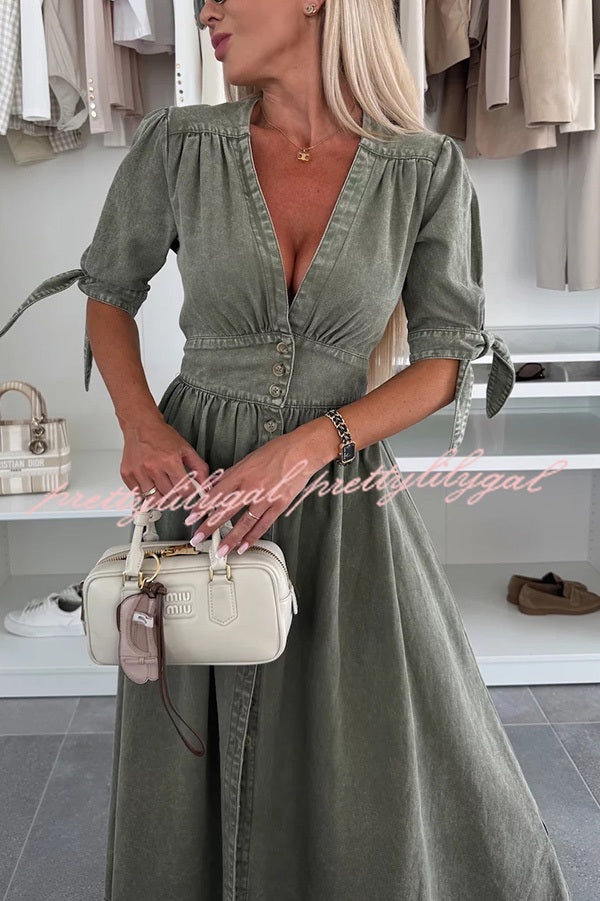 Stylish Solid Color V-Neck Button Down Denim Midi Dress for Women | Casual & Office Wear | Perfect for Spring & Summer Outings