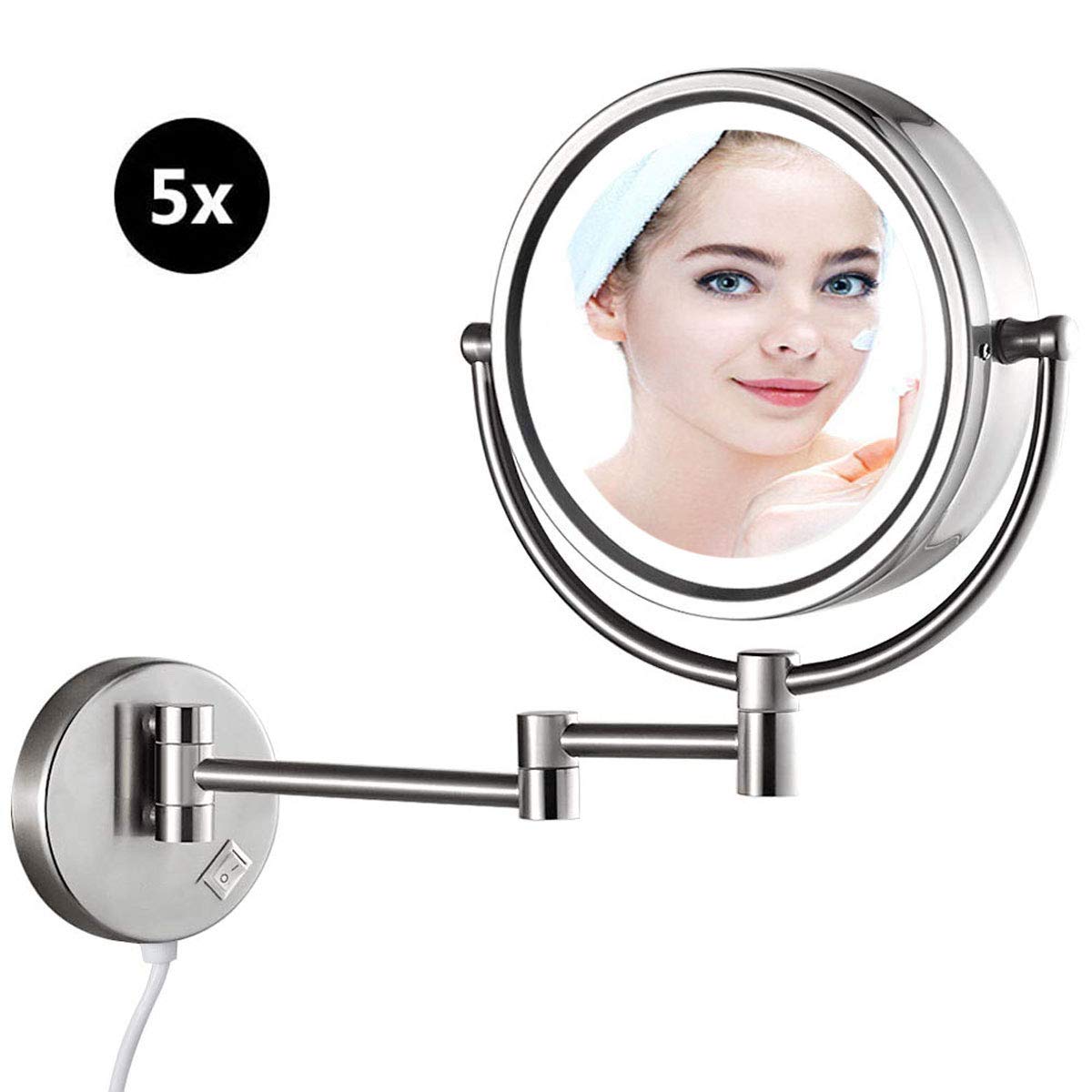 LED Makeup Mirror with Lights - 5X Magnifying Wall Mounted Bathroom Mirror, 360° Rotation for Perfect Makeup Application - Ideal for Bedroom Dressing Table, Bathroom Vanity & Travel Use