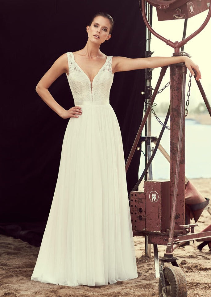 Mikaella 2193 Lace Long Sleeve A-Line Wedding Dress with Illusion Neckline - Perfect for Church, Beach, and Ballroom Weddings