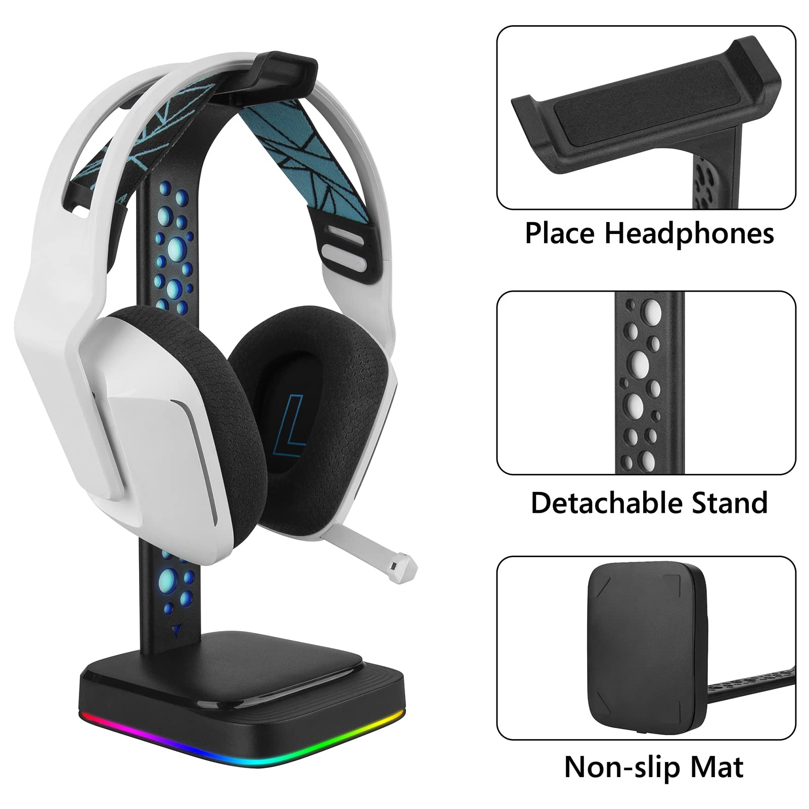 Geekria RGB ABS Headphone Stand for Over-Ear Headphones & Gaming Headsets - Heavy Base Desk Display Holder Compatible with AKG K612, HyperX Cloud II (Black) - Perfect for Gaming Setup & Office Organization