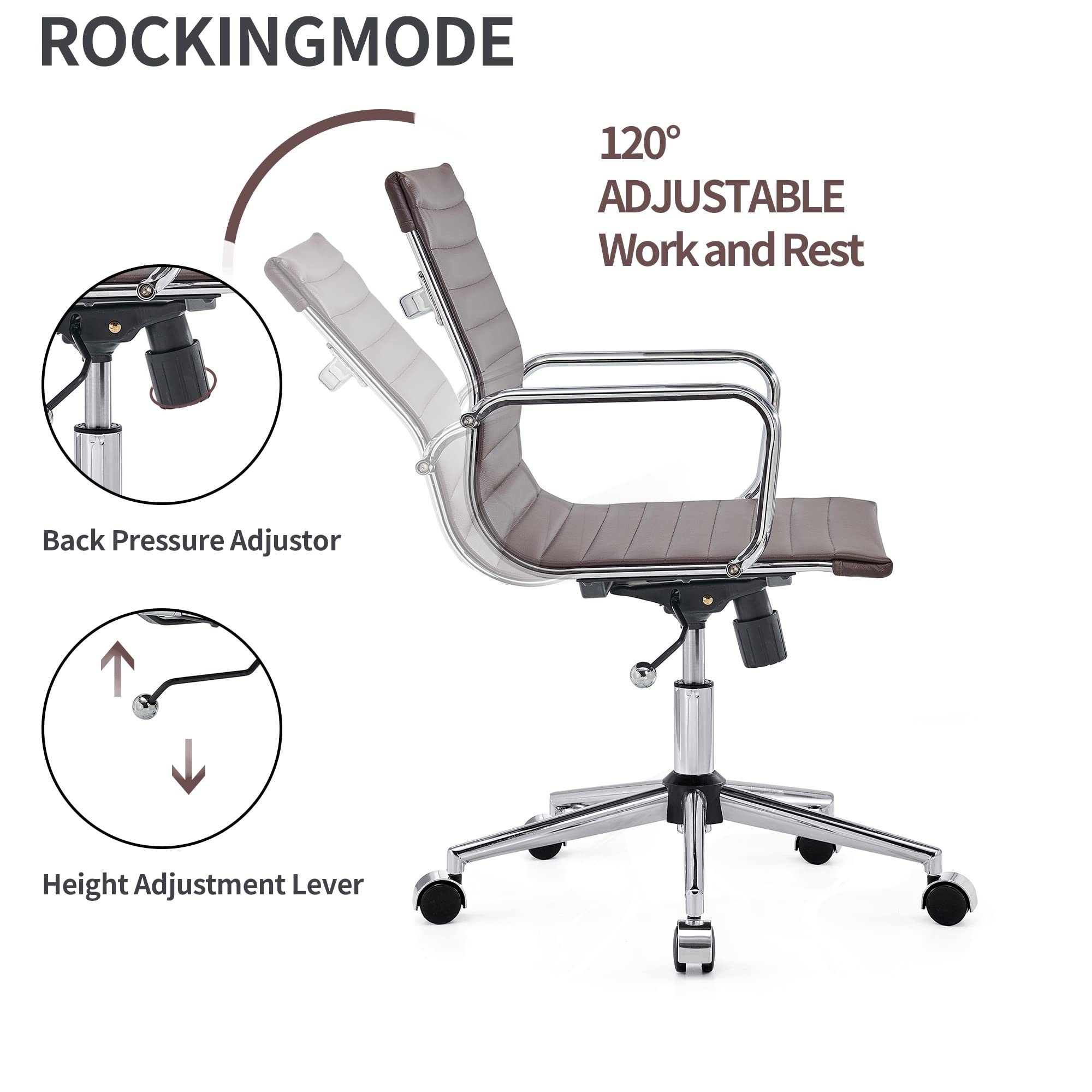 Ergonomic Leather Office Chair - Modern Swivel Executive Desk Chair with Ribbed Design for Home Office & Conference Room - Comfortable Rolling Task Chair for Computer Work & Long Hours Sitting