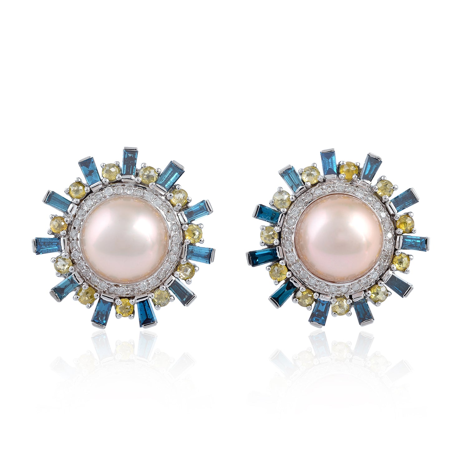 18K White Gold Baguette Colored Diamond Bezel Pearl Gemstone Stud Earrings for Women | Elegant Jewelry Gift for Wedding, Anniversary & Special Occasions