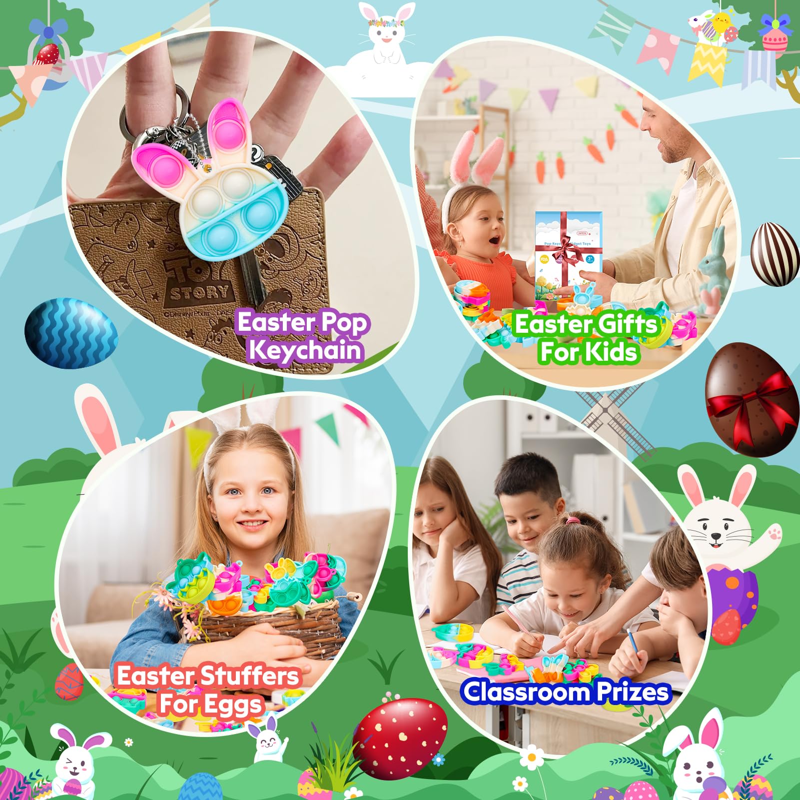 24 Pack Easter Pop Fidget Toys Bulk - Easter Party Favors for Kids, Easter Egg Fillers & Basket Stuffers - Mini Pop Keychain Fidgets for Classroom Prizes, Goodie Bag Stuffers, Kids Party Supplies Gifts - Perfect for Easter Celebrations, Classroom Rewards & Sensory Play