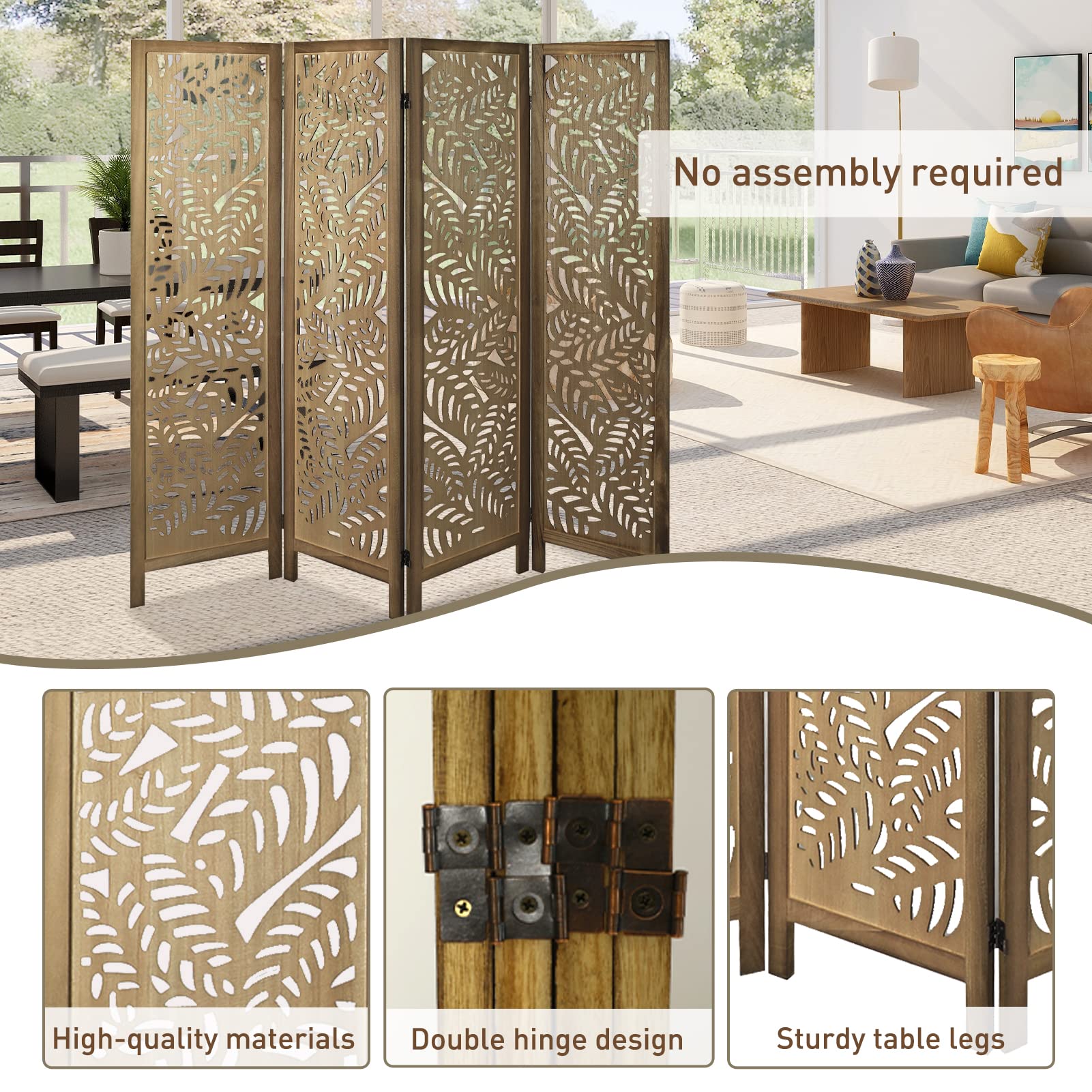 Babion 4-Panel Wooden Room Divider Screen - 5.6ft Tall Folding Partition with Exquisite Carvings - Modern Brown Bedroom Divider for Privacy & Space Separation | Perfect for Studios, Apartments, Offices & Home Decor