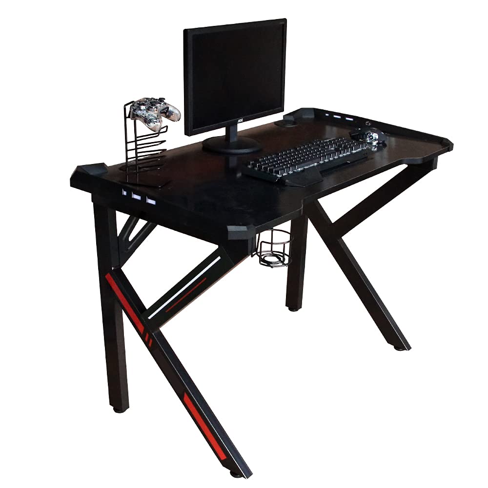 Ringly 43.31x23.62 Inch Gaming Desk with LED Lights - Ergonomic K-Shaped Frame Computer Desk for Home Office, Esports & Work - Features Cup Holder & Headphone Hook - Perfect for Gaming Setup, Remote Work & Study