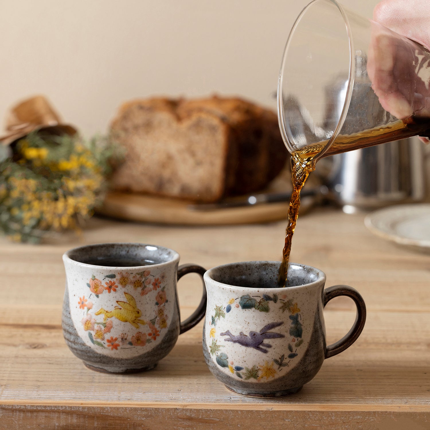 Kutani Ware Rabbit Pair Mugs - Handmade Japanese Ceramic Tea Cups for Coffee & Tea Lovers - Perfect for Couples, Gifts & Home Decor