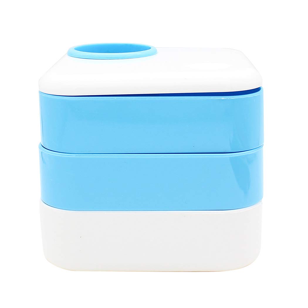 Rotating Drawer Desk Organizer - Blue Square Pen Holder with 3 Compartments | Perfect for Office, School & Home Workspace Organization | Pencil Cup Container for Desk Accessories
