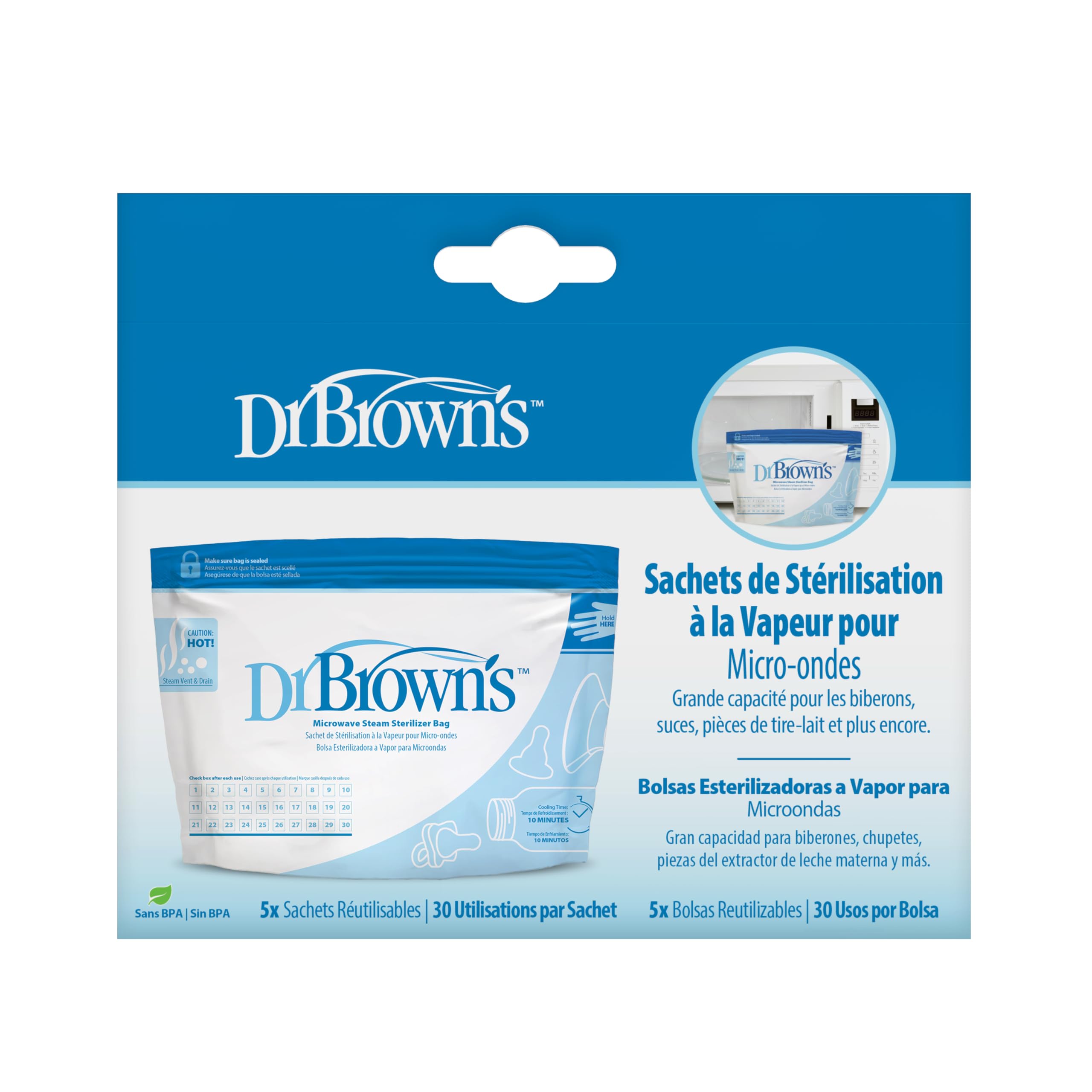 Dr. Brown's Microwave Steam Sterilizer Bags - Baby Bottle Sterilizer for Pacifiers, Pump Parts & Accessories | 30 Uses per Bag, 5-Pack | Travel-Friendly & Quick Sanitizing for On-the-Go Parents | Perfect for Daycare, Travel & Daily Baby Care