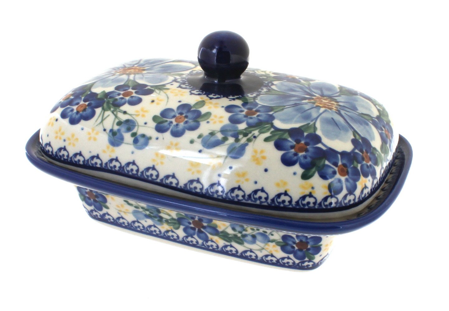 Handmade Blue Rose Polish Pottery Daisy Butter Dish - Vintage Ceramic Butter Container with Lid - Perfect for Kitchen, Dining Table & Gift Giving