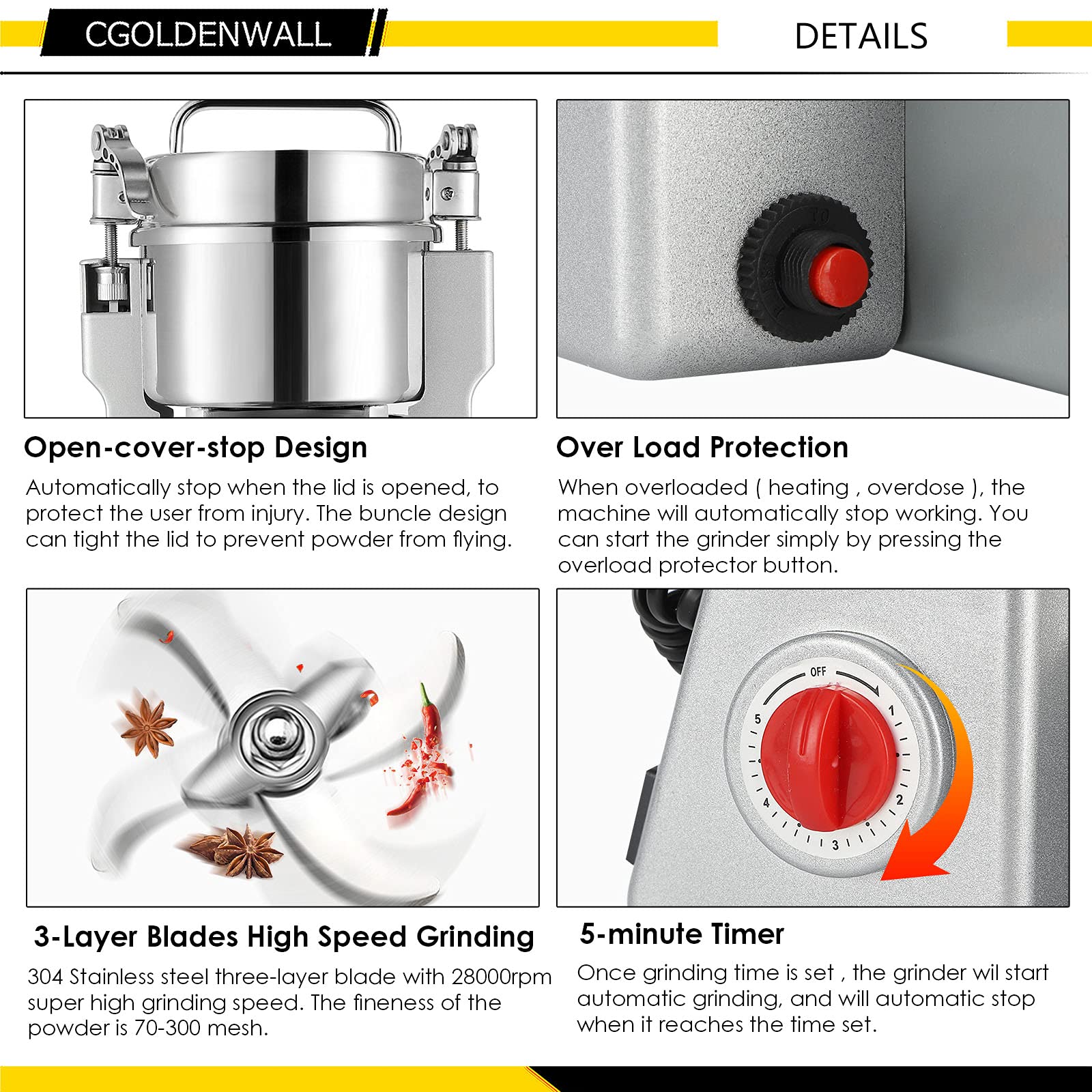 CGOLDENWALL 2000g Electric Grain Grinder Mill - Stainless Steel Commercial Spice Grinder for Coffee Beans, Herbs, Nuts & Grains - 110V High-Speed Pulverizer - Perfect Kitchen Gift for Mom & Wife (Great for Baking, Smoothies & Meal Prep)