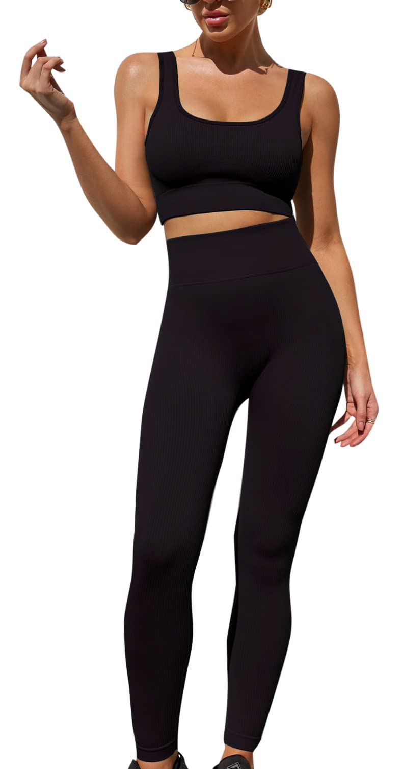 Women's 2-Piece Ribbed Workout Set - Seamless Sports Bra & High Waist Yoga Leggings for Gym, Running & Yoga | Comfortable Activewear for Women