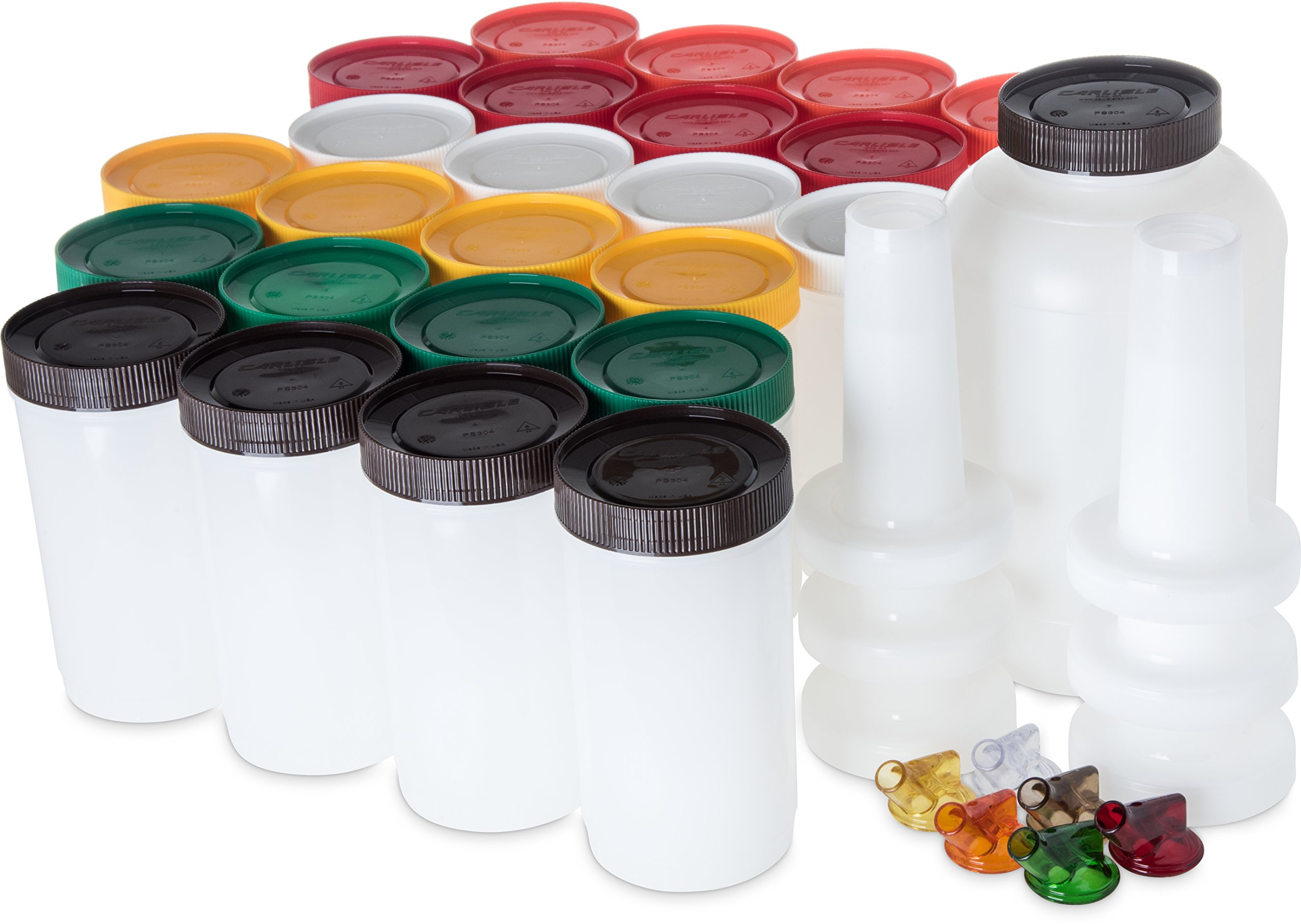 Carlisle 1 Quart Stor N' Pour Plastic Sauce Bottles with Vented Spout - Multicolor Assorted Bartending Bottles for Bar, Kitchen & Restaurant Use | Perfect for Condiments, Syrups & Mixing Cocktails