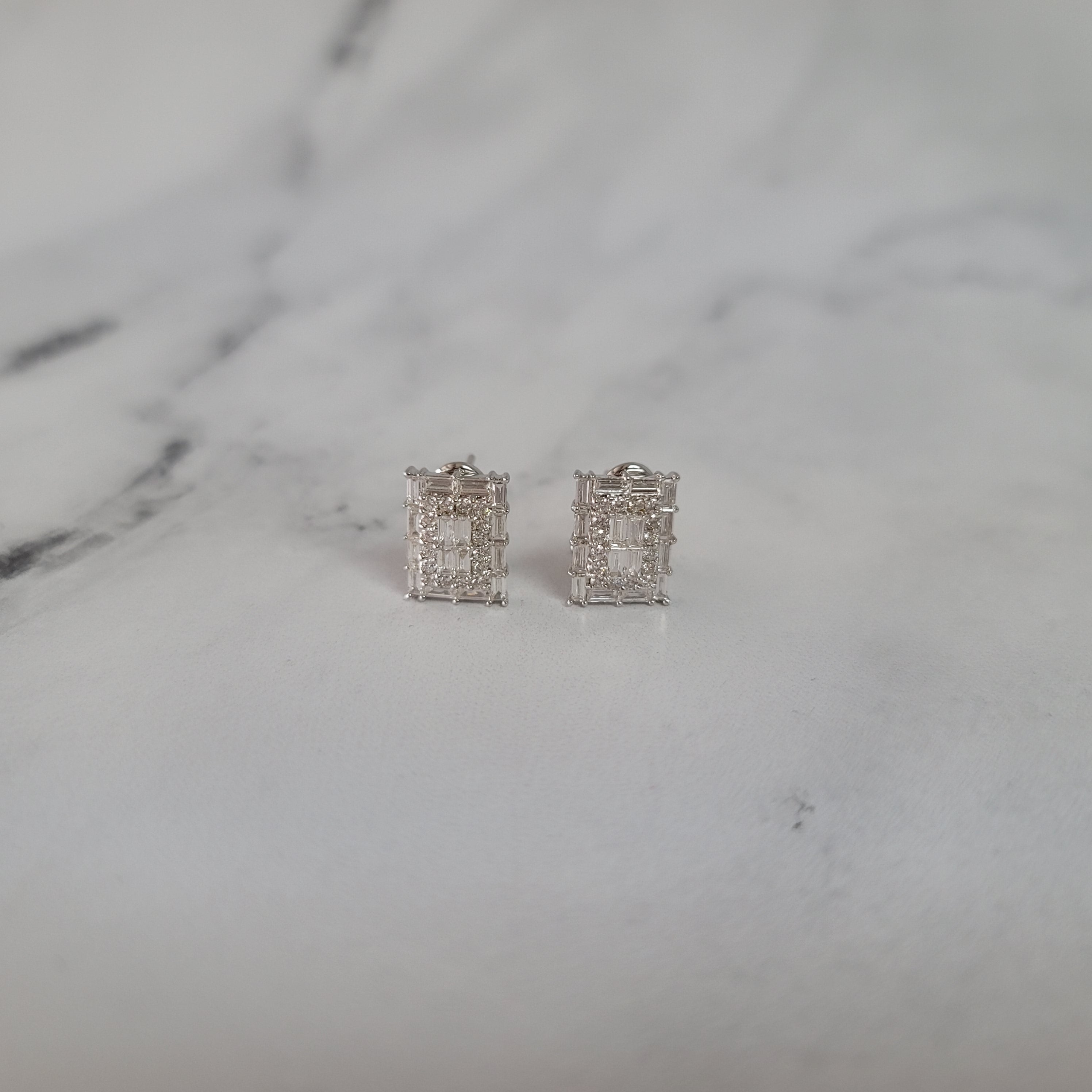 18k White Gold Baguette Diamond Cluster Earrings for Women - Elegant Wedding, Party & Evening Wear Jewelry Gift