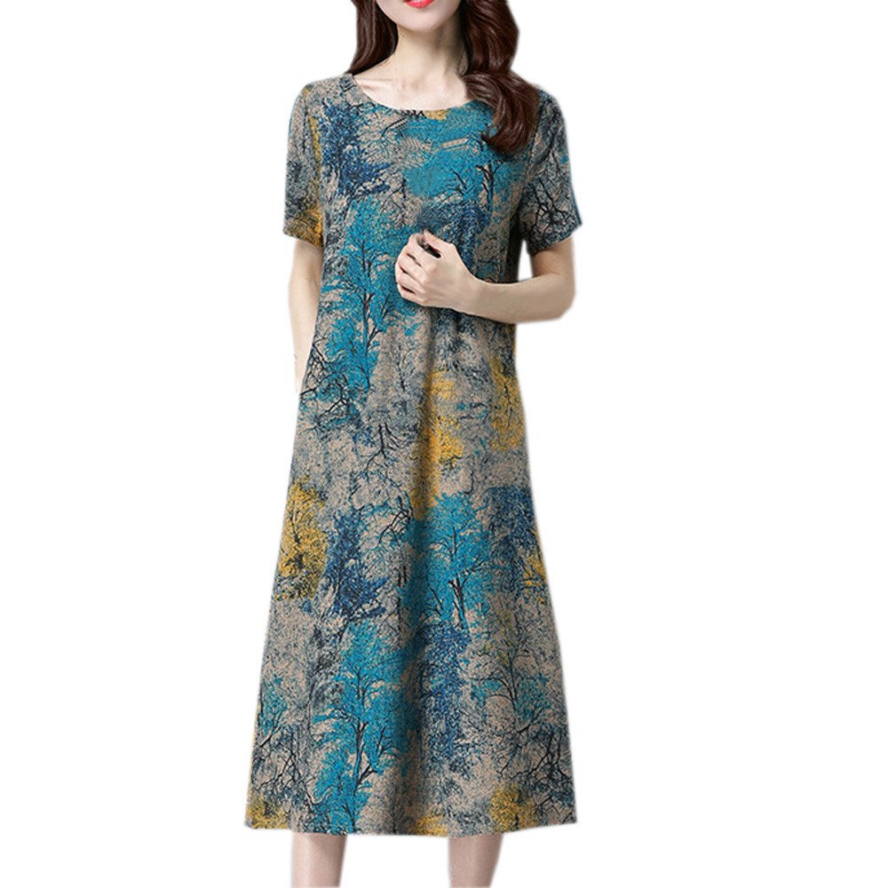 RIJJTRP Women's Summer Casual Dress - Floral Printed Loose Fit Cotton Linen Short Dress with Pockets, Plus Size Wedding Guest Dress for Beach, Party & Office Wear