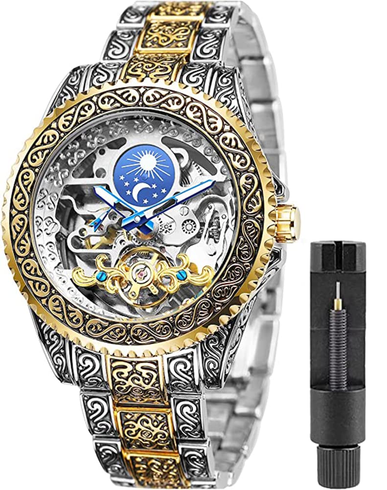 Luxury Men's Engraved Skeleton Watch - Stainless Steel Band with Unique Tattoo Pattern & Luminous Automatic Movement - Perfect for Formal Events, Business Meetings & Gift Giving