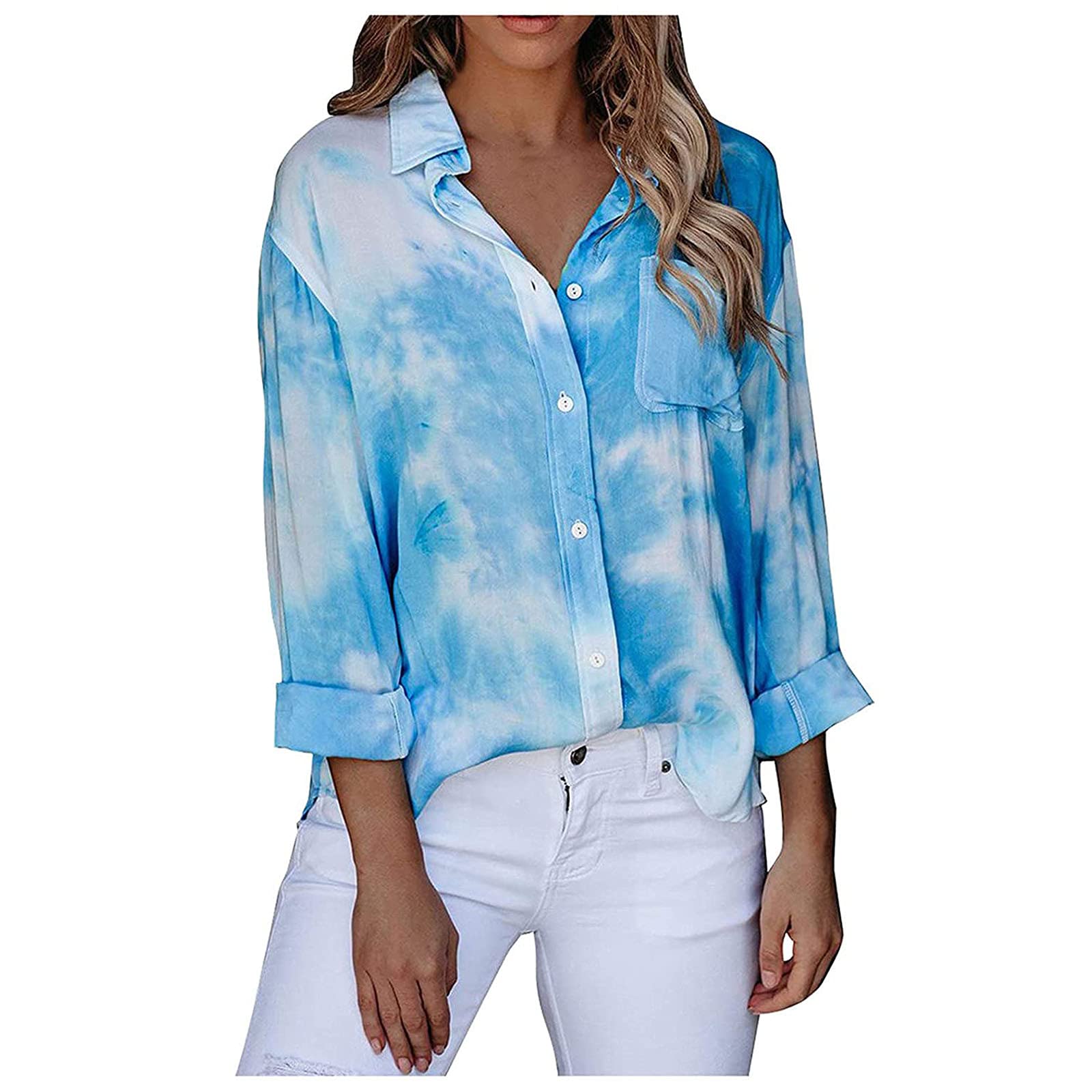 Women's Printed Chiffon Long Sleeve Tunic Top with Button Front & Tie-Dye Design - Casual Blouse for Summer Outfits, Beach Cover-Up, and Boho Fashion