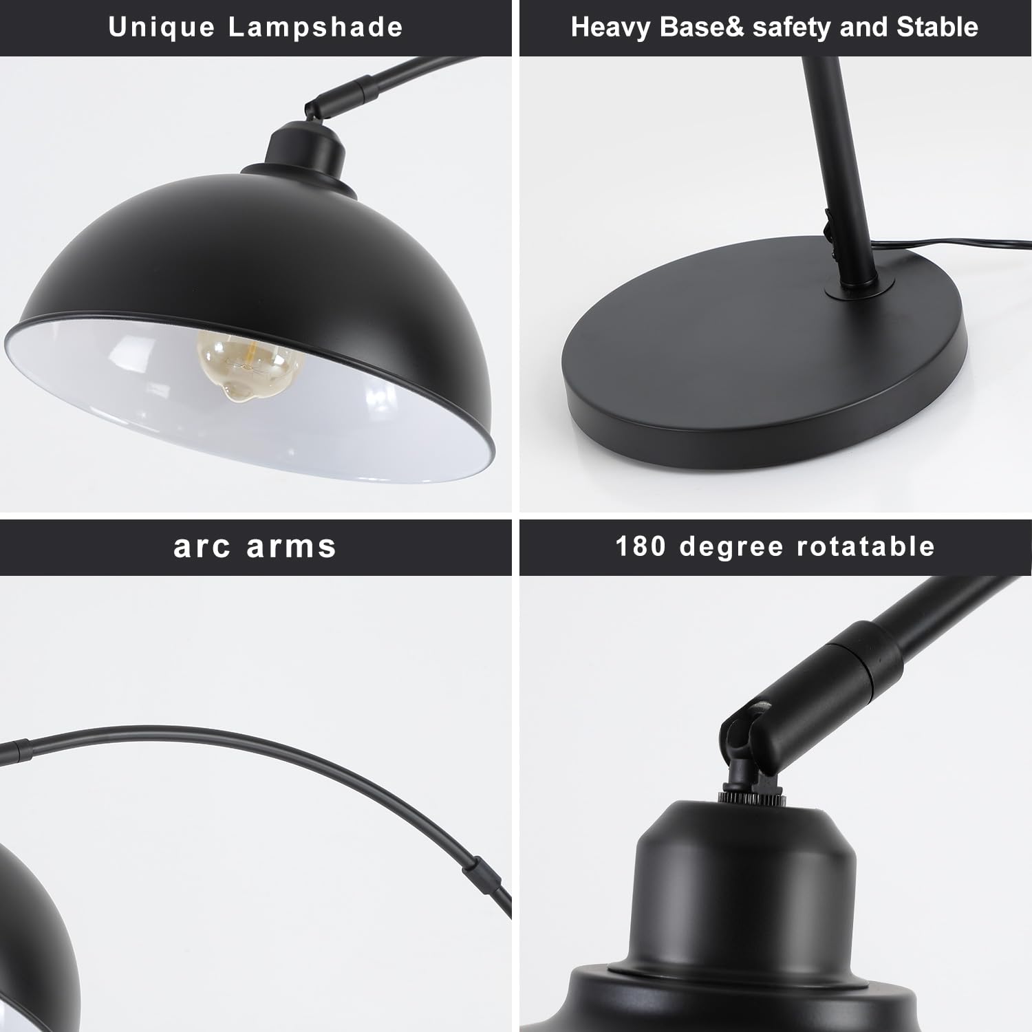 9MMML Arc Floor Lamp - Modern Farmhouse Industrial Standing Light with 360° Rotatable Arm & Metal Shade, Black Tall Lamp for Living Room, Bedroom, Office & Sofa Areas (Bulb Included) - Perfect for Reading, Working & Ambient Lighting